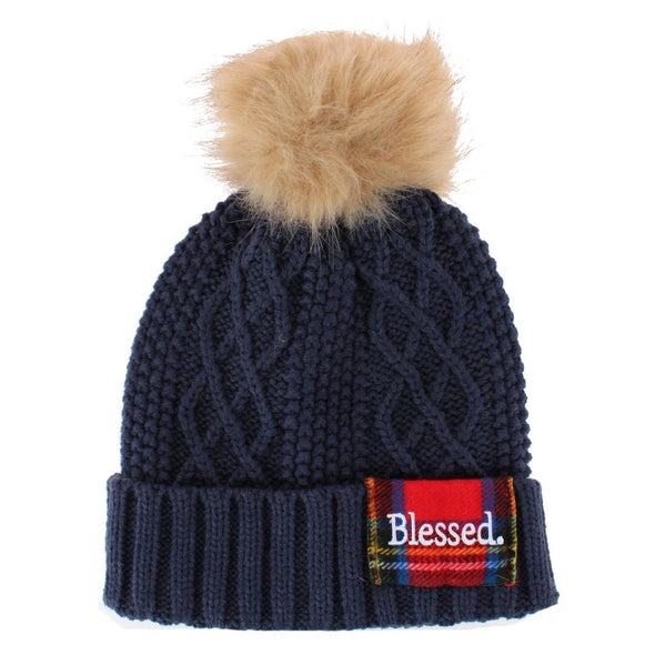 Women's Blessed Plaid Patch Knit Winter Beanie with Pom