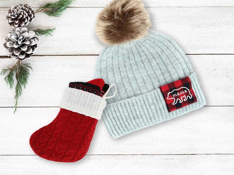 David & Young Women's Mama Bear Beanie Hat with Plaid Patch and Pom - Grey