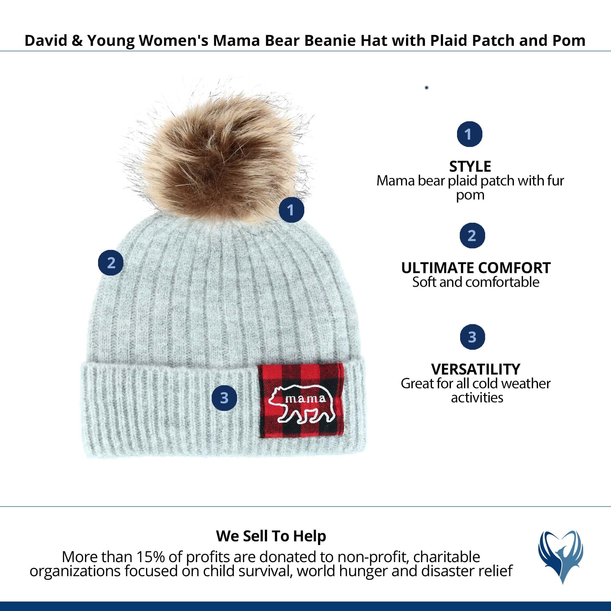 David & Young Women's Mama Bear Beanie Hat with Plaid Patch and Pom - Grey