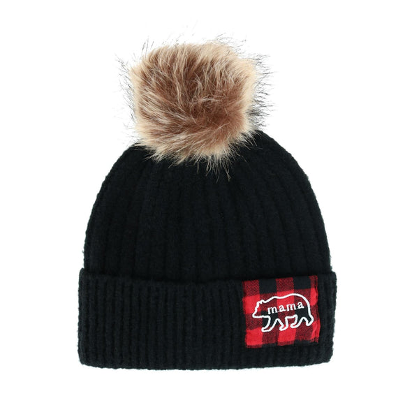 Women's Mama Bear Beanie Hat with Plaid Patch and Pom