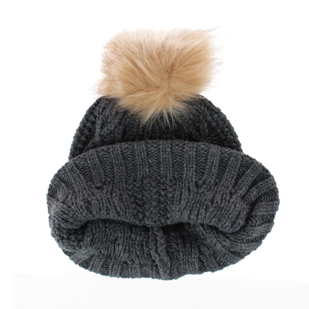 David & Young Women's Plaid Mama Patch Winter Beanie Knit Hat with Pom - Charcoal