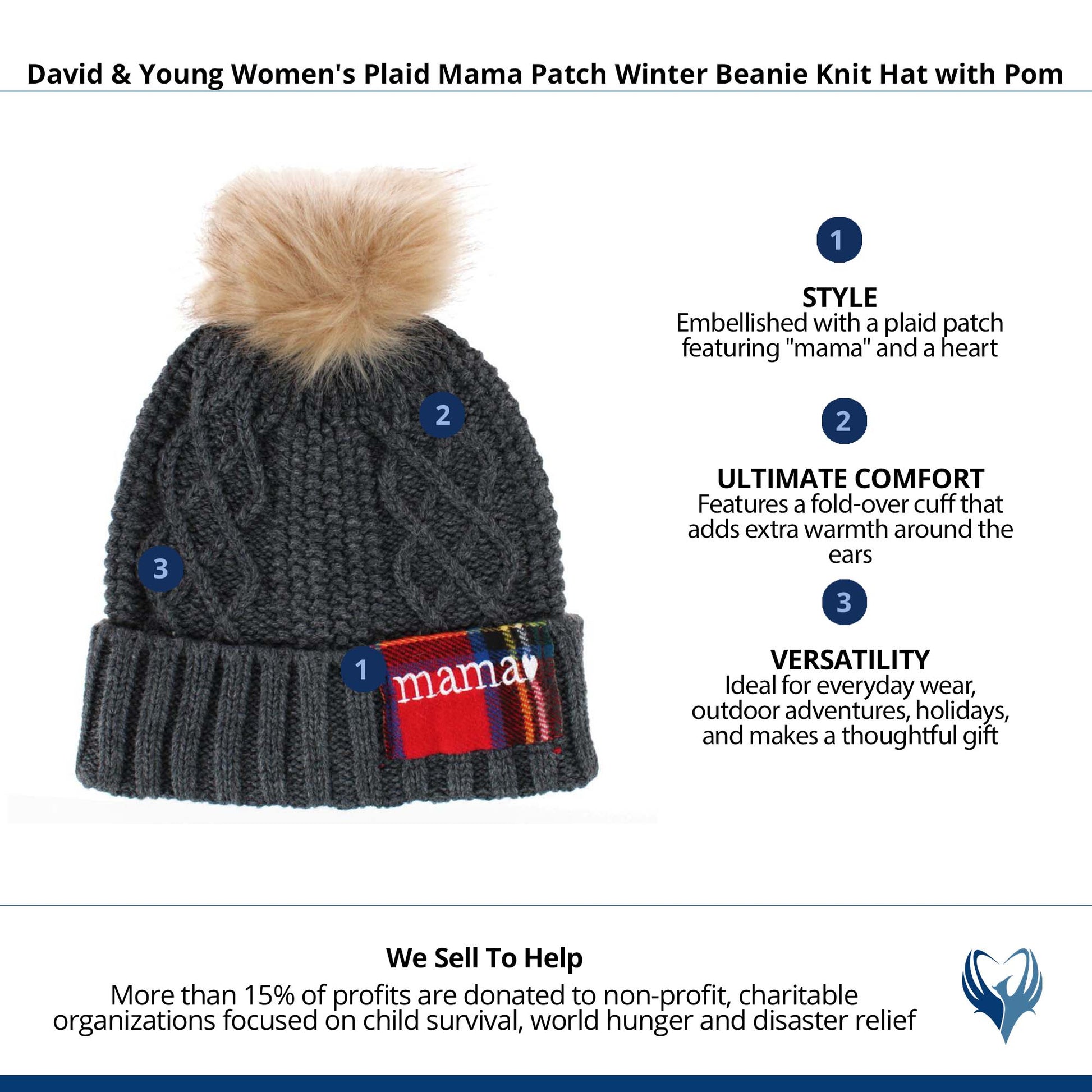 David & Young Women's Plaid Mama Patch Winter Beanie Knit Hat with Pom - Charcoal
