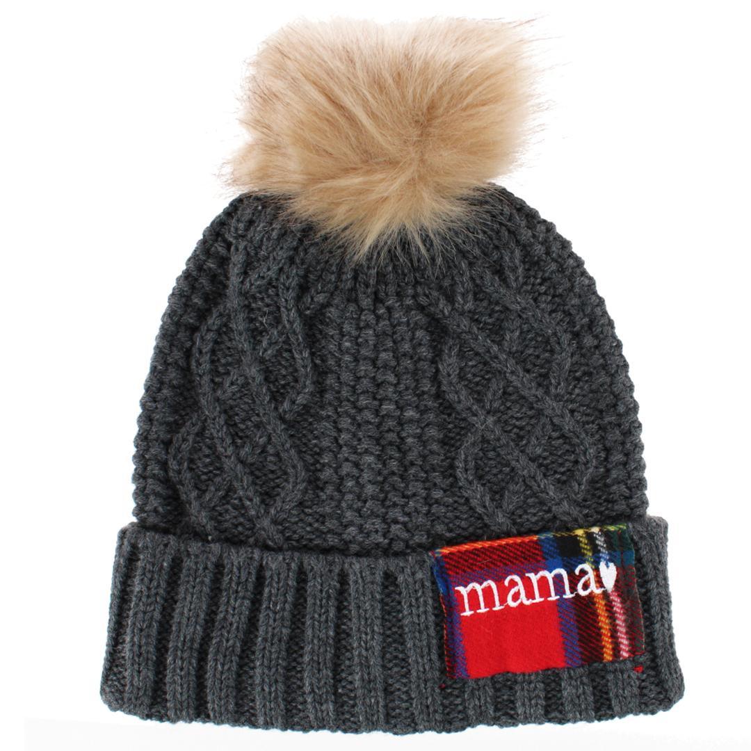 David & Young Women's Plaid Mama Patch Winter Beanie Knit Hat with Pom - Women's Plaid Mama Patch Winter Beanie Knit Hat with Pom