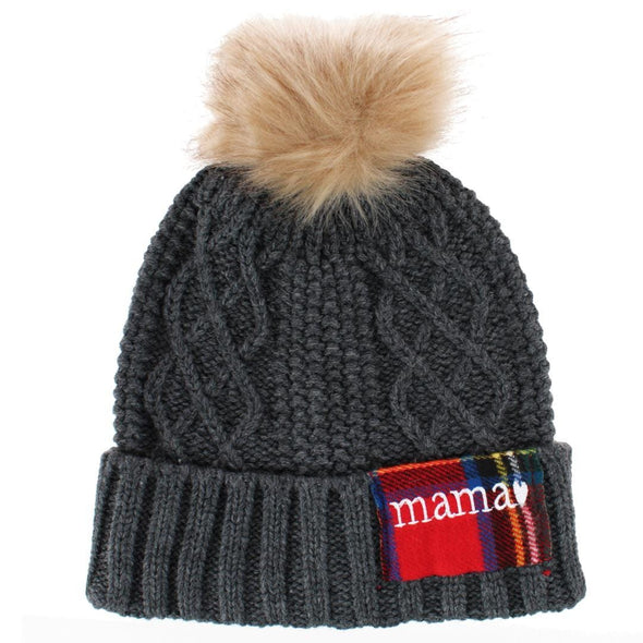 Women's Plaid Mama Patch Winter Beanie Knit Hat with Pom