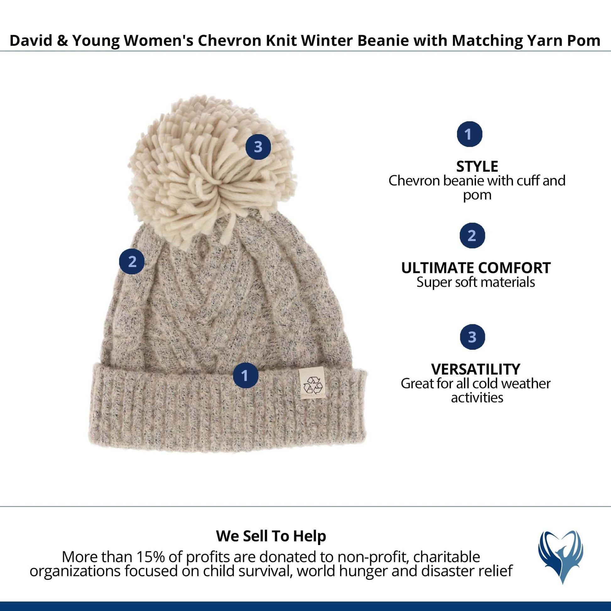 David & Young Women's Chevron Knit Winter Beanie with Matching Yarn Pom - Beige