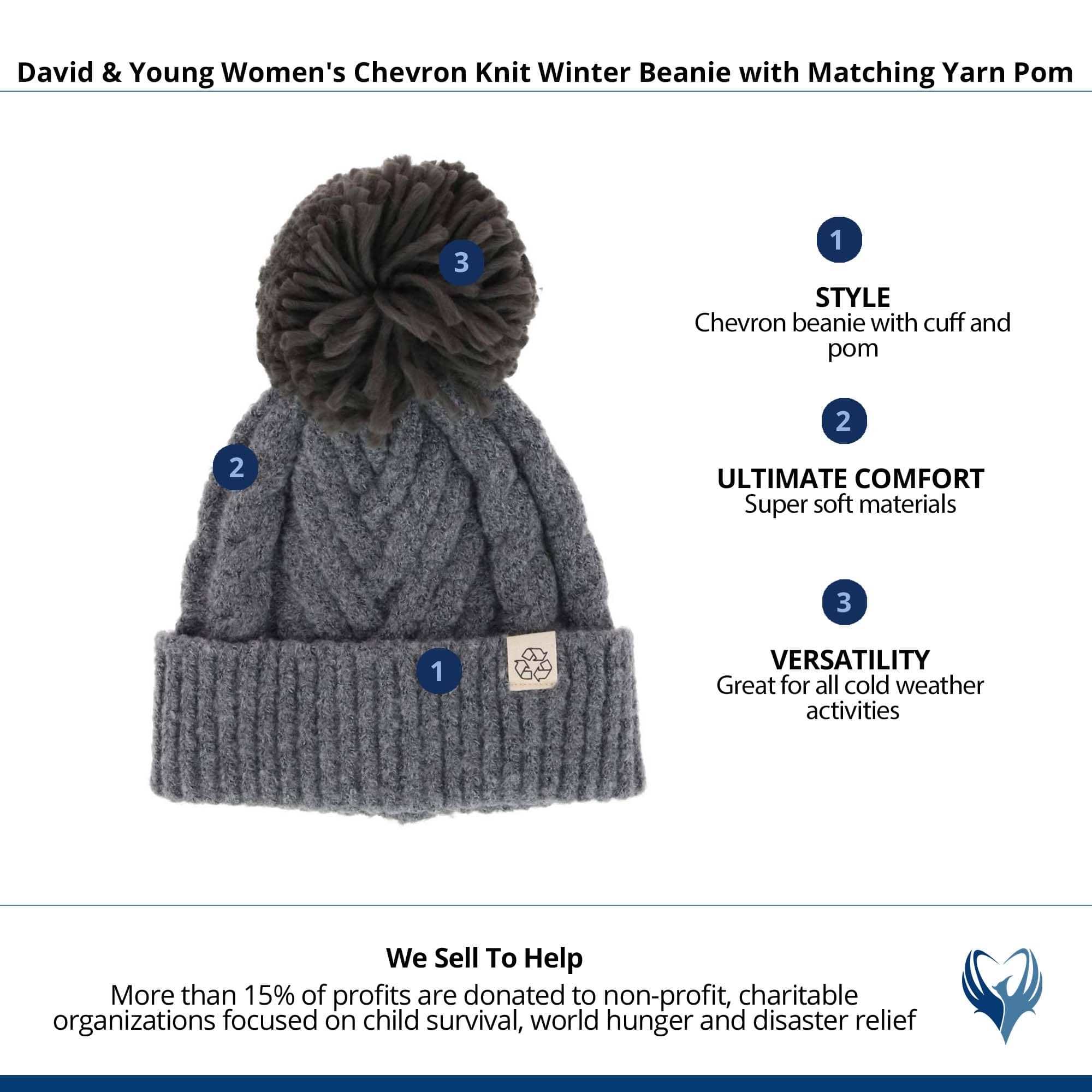 David & Young Women's Chevron Knit Winter Beanie with Matching Yarn Pom - Charcoal Gray