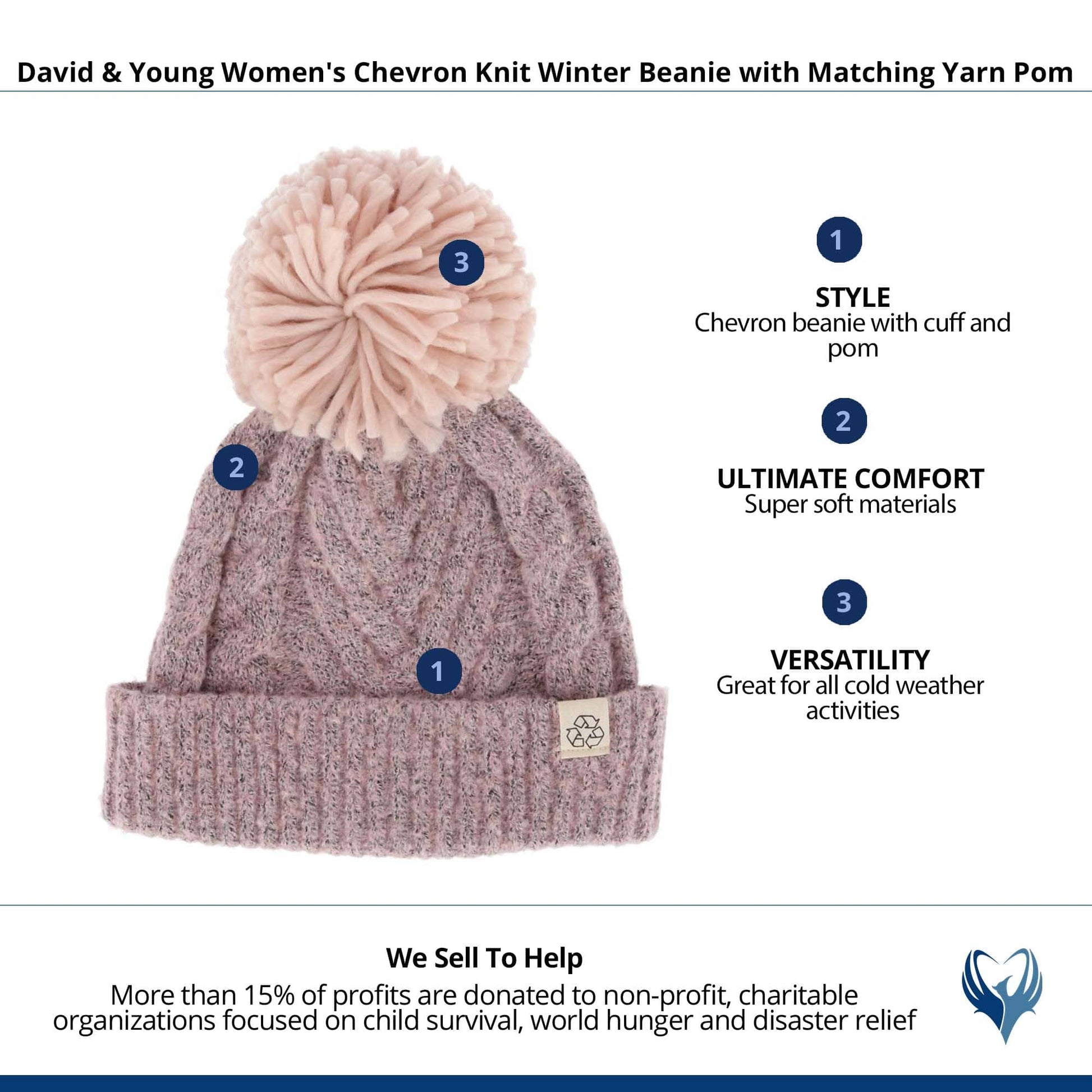 David & Young Women's Chevron Knit Winter Beanie with Matching Yarn Pom - Pink