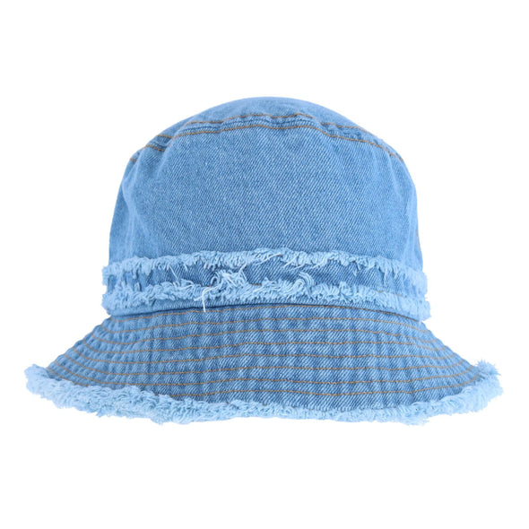 Women's Distressed Denim Bucket Hat with Frayed Edges
