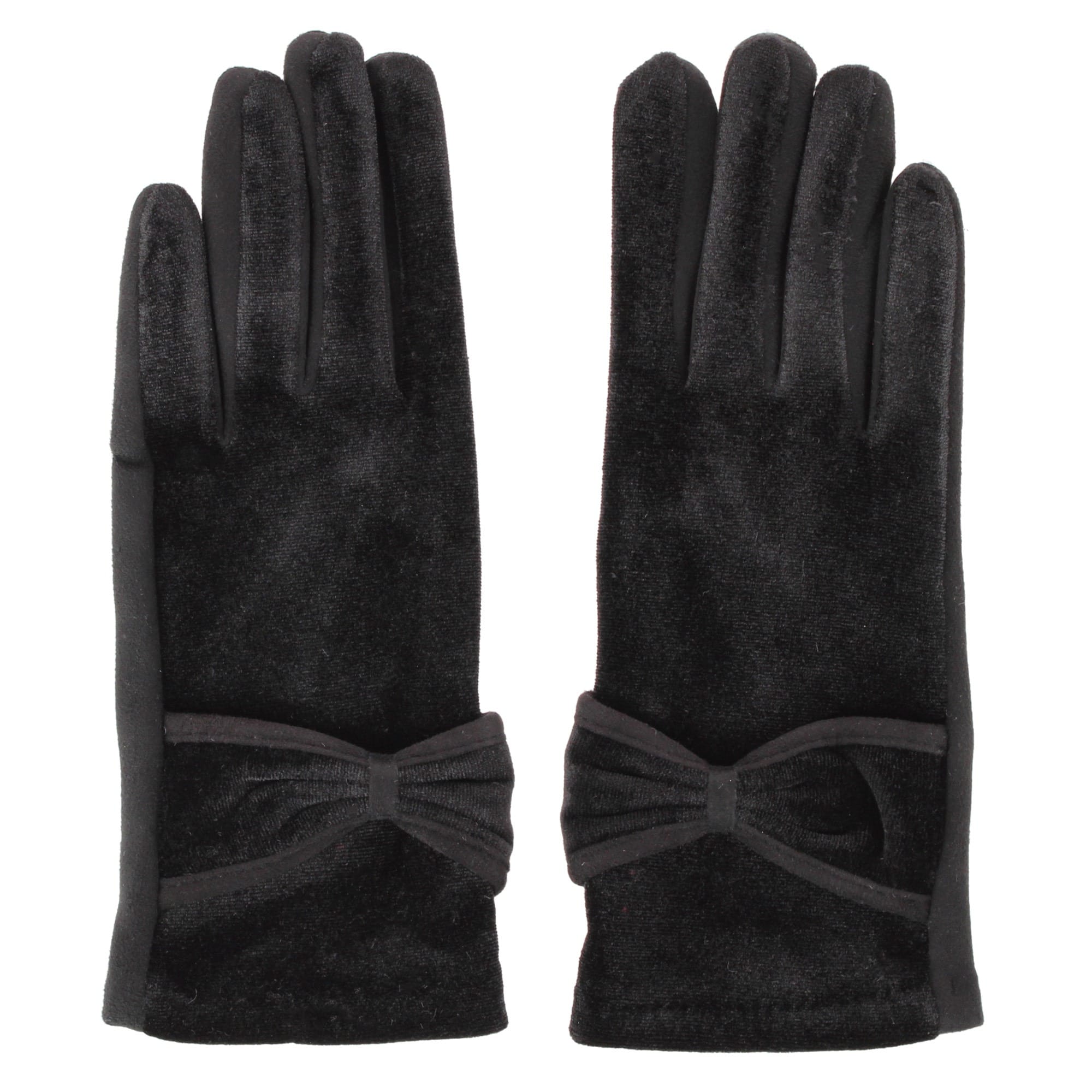 David & Young Women's Tech-Touch Velvet Feel Winter Gloves with Bow Detail - Black