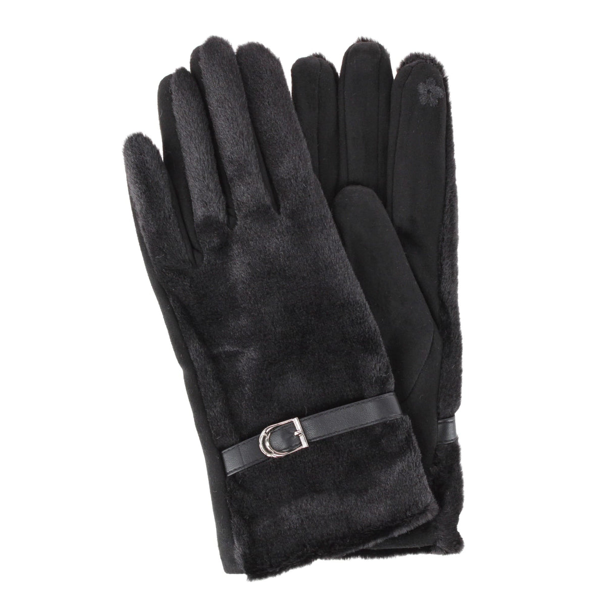 David & Young Women's Tech Suede and Faux Faux Fur Gloves - Black
