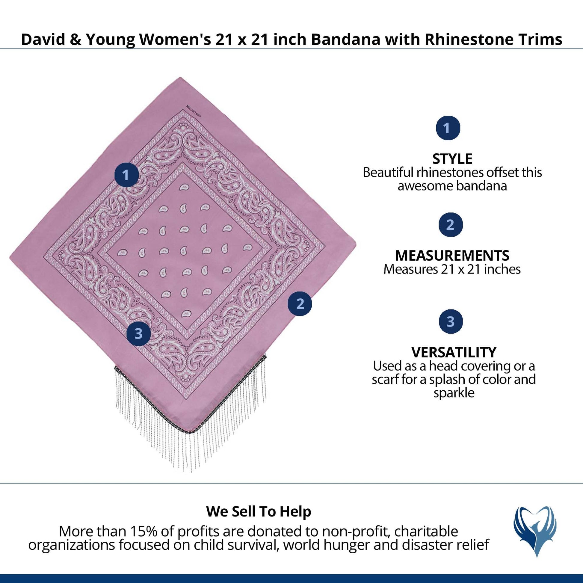 David & Young Women's 21 x 21 inch Bandana with Rhinestone Trims - Pink