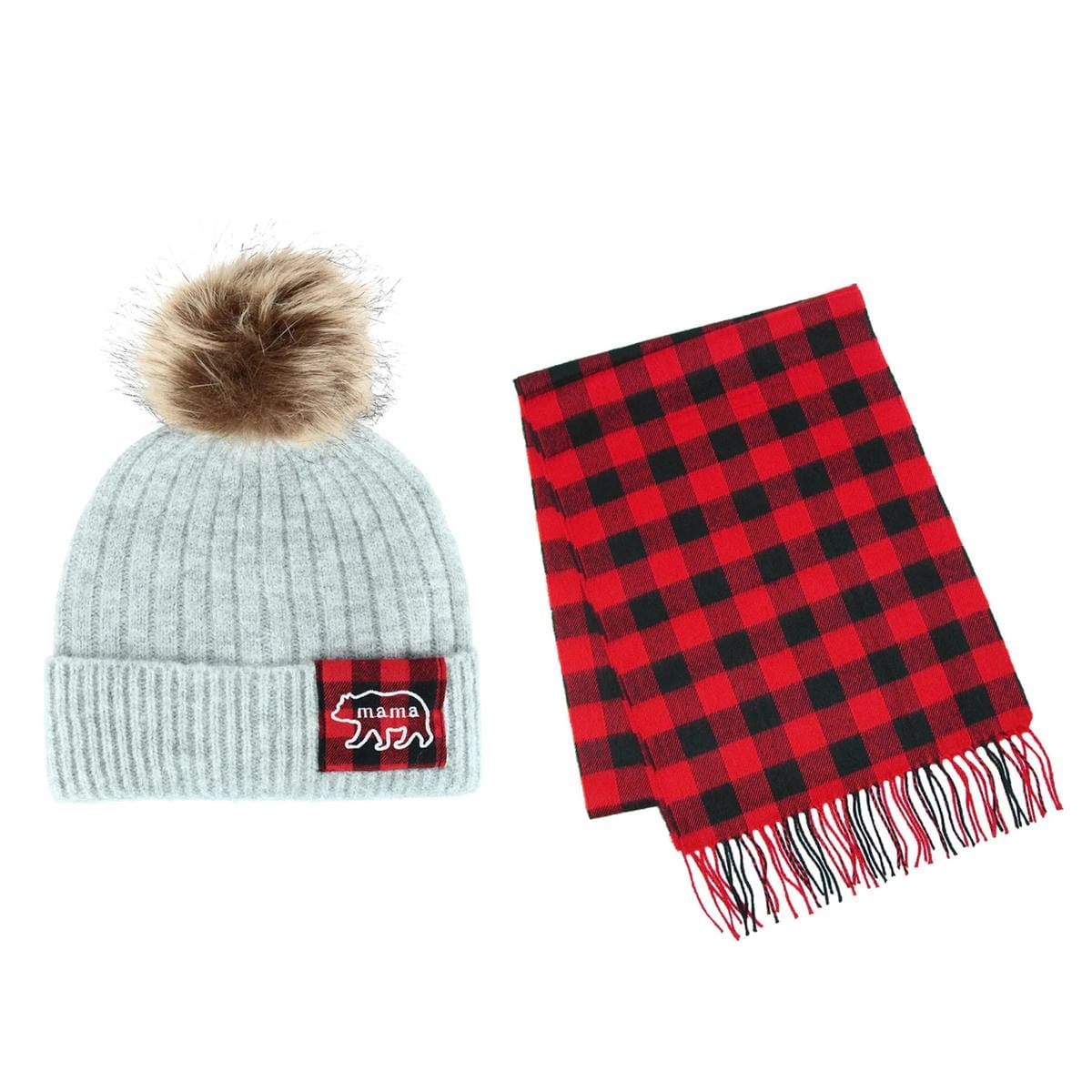 David & Young Women's Mama Bear Beanie and Matching Buffalo Plaid Scarf Set - Gray