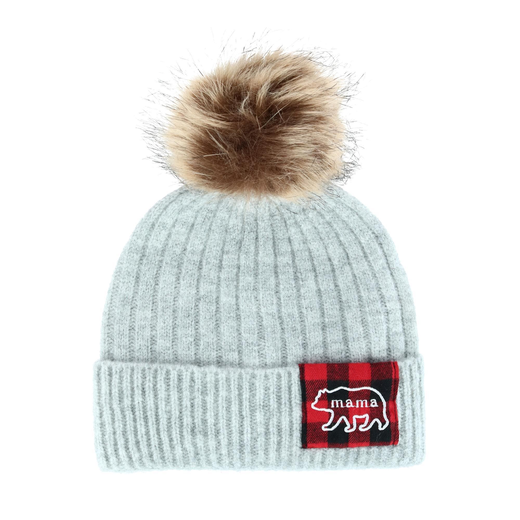 David & Young Women's Mama Bear Beanie and Matching Buffalo Plaid Scarf Set - Gray