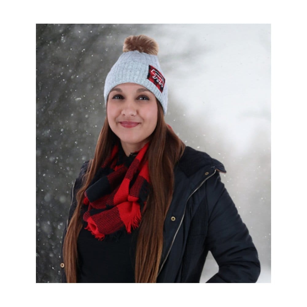 David & Young Women's Mama Bear Beanie and Matching Buffalo Plaid Scarf Set - Gray