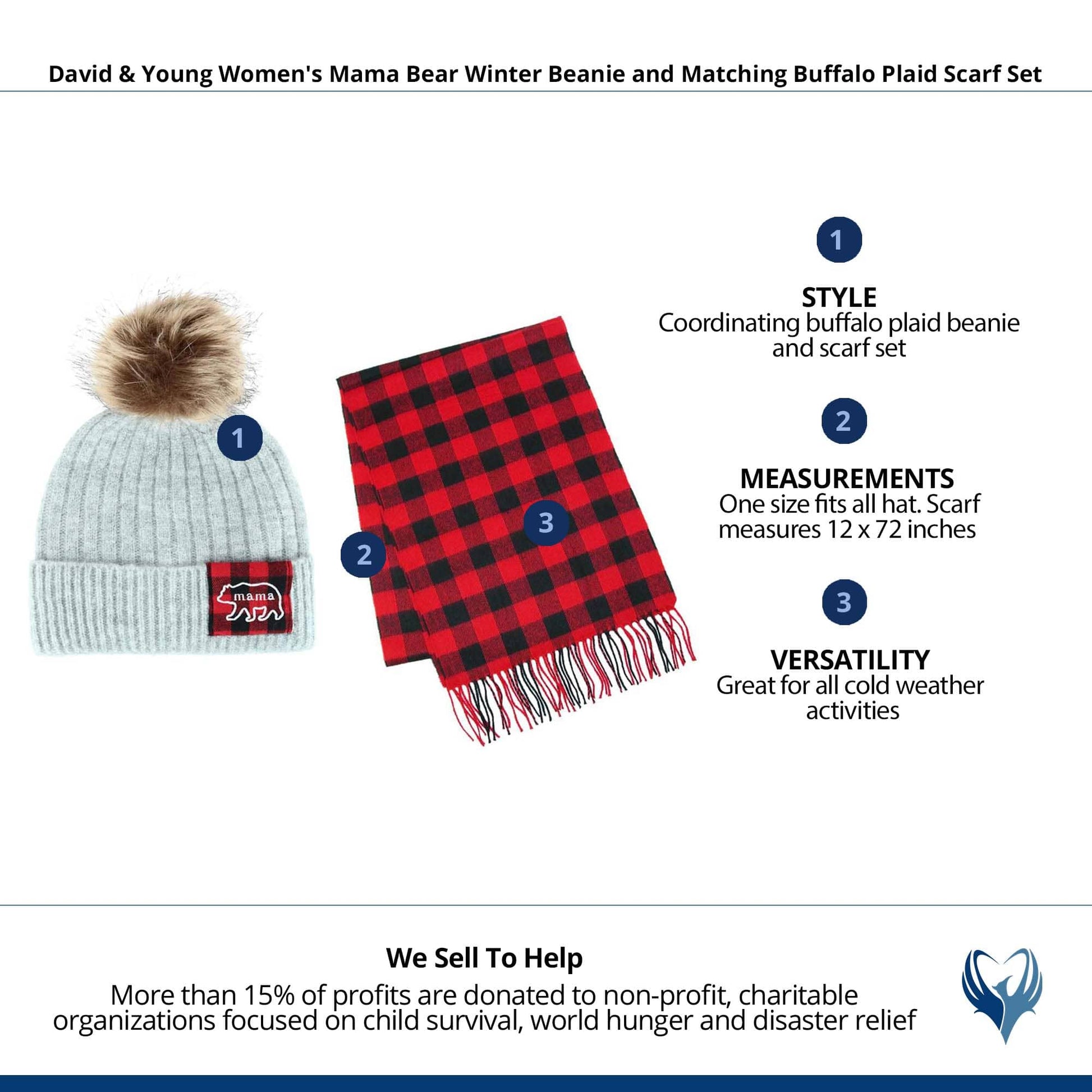 David & Young Women's Mama Bear Beanie and Matching Buffalo Plaid Scarf Set - Gray
