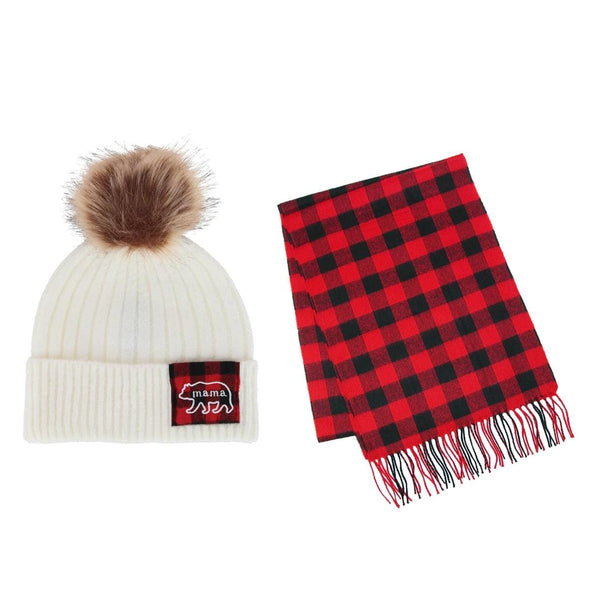 Women's Mama Bear Winter Beanie and Matching Buffalo Plaid Scarf Set