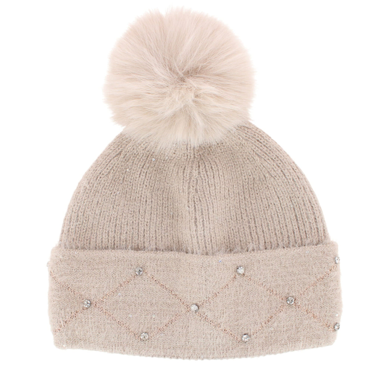 David & Young Women's Lux Knit Lined Winter Beanie Hat with Stone Detail - Beige