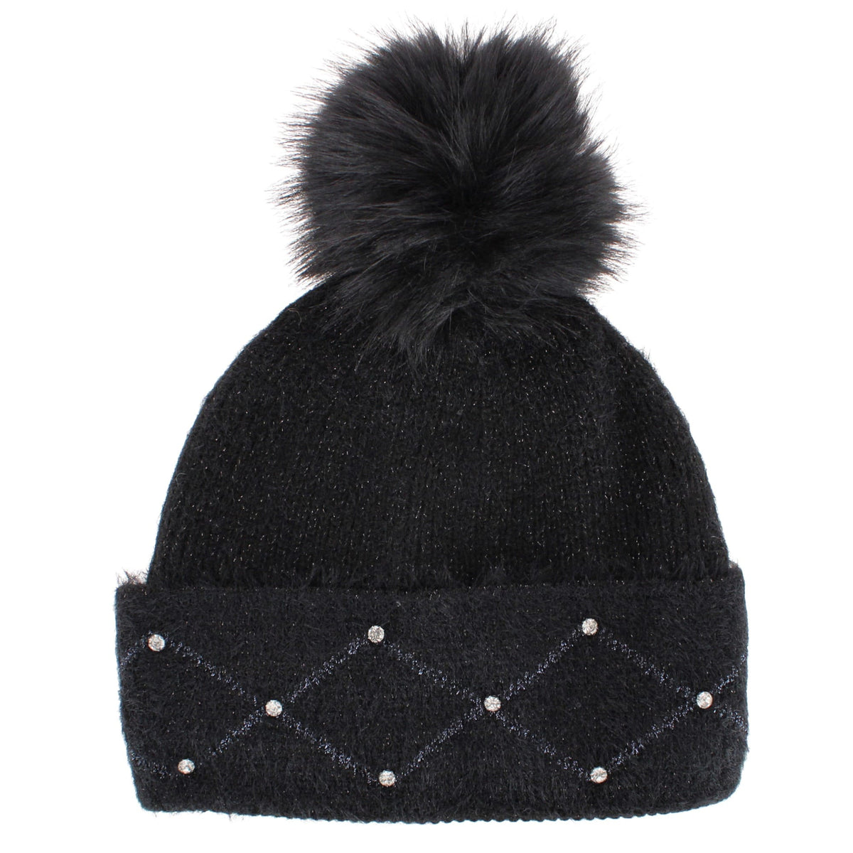 David & Young Women's Lux Knit Lined Winter Beanie Hat with Stone Detail - Women's Lux Knit Lined Winter Beanie Hat with Stone Detail