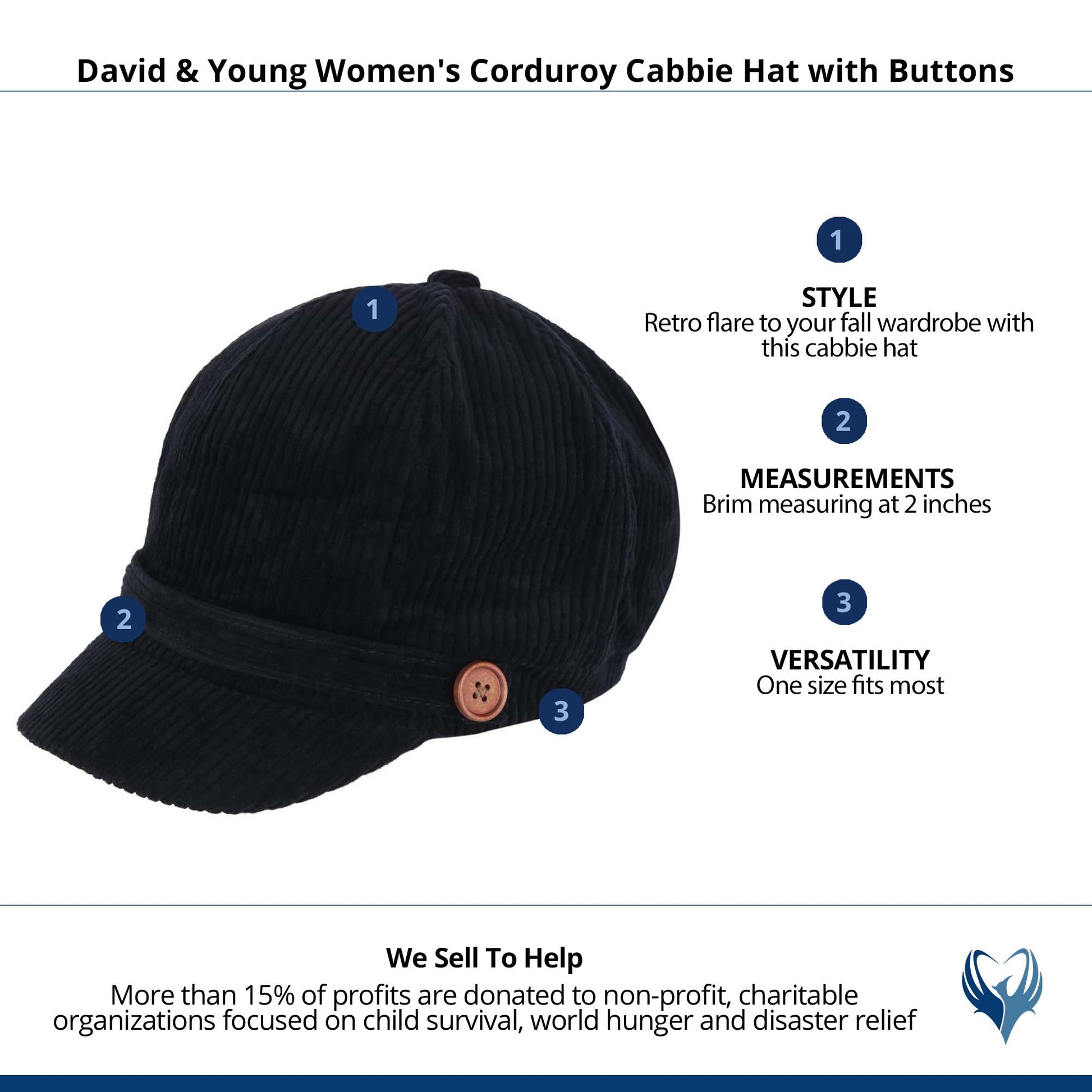 David & Young Women's Corduroy Cabbie Hat with Buttons - Black