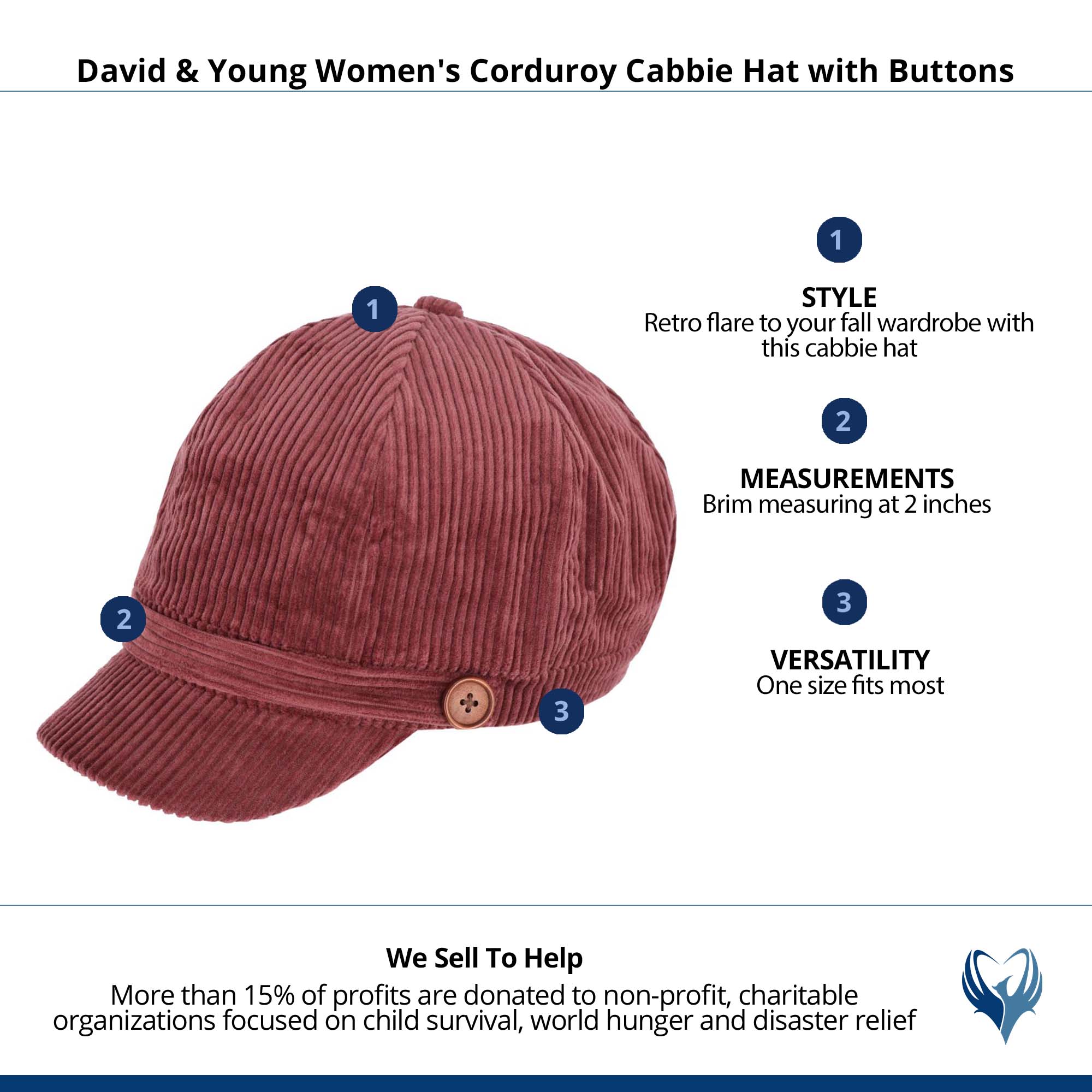 David & Young Women's Corduroy Cabbie Hat with Buttons - Burgundy