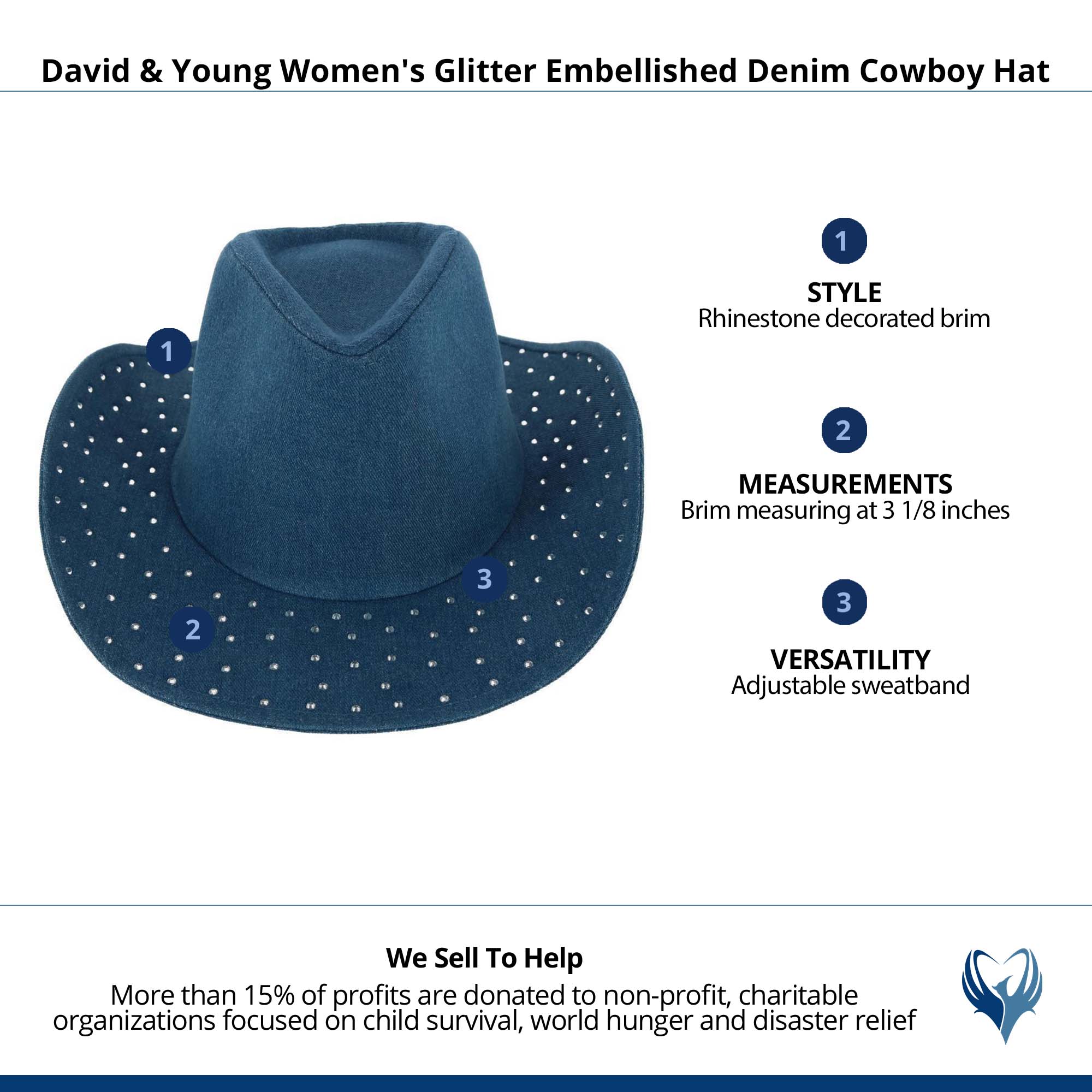David & Young Women's Glitter Embellished Denim Cowboy Hat - Dark Blue