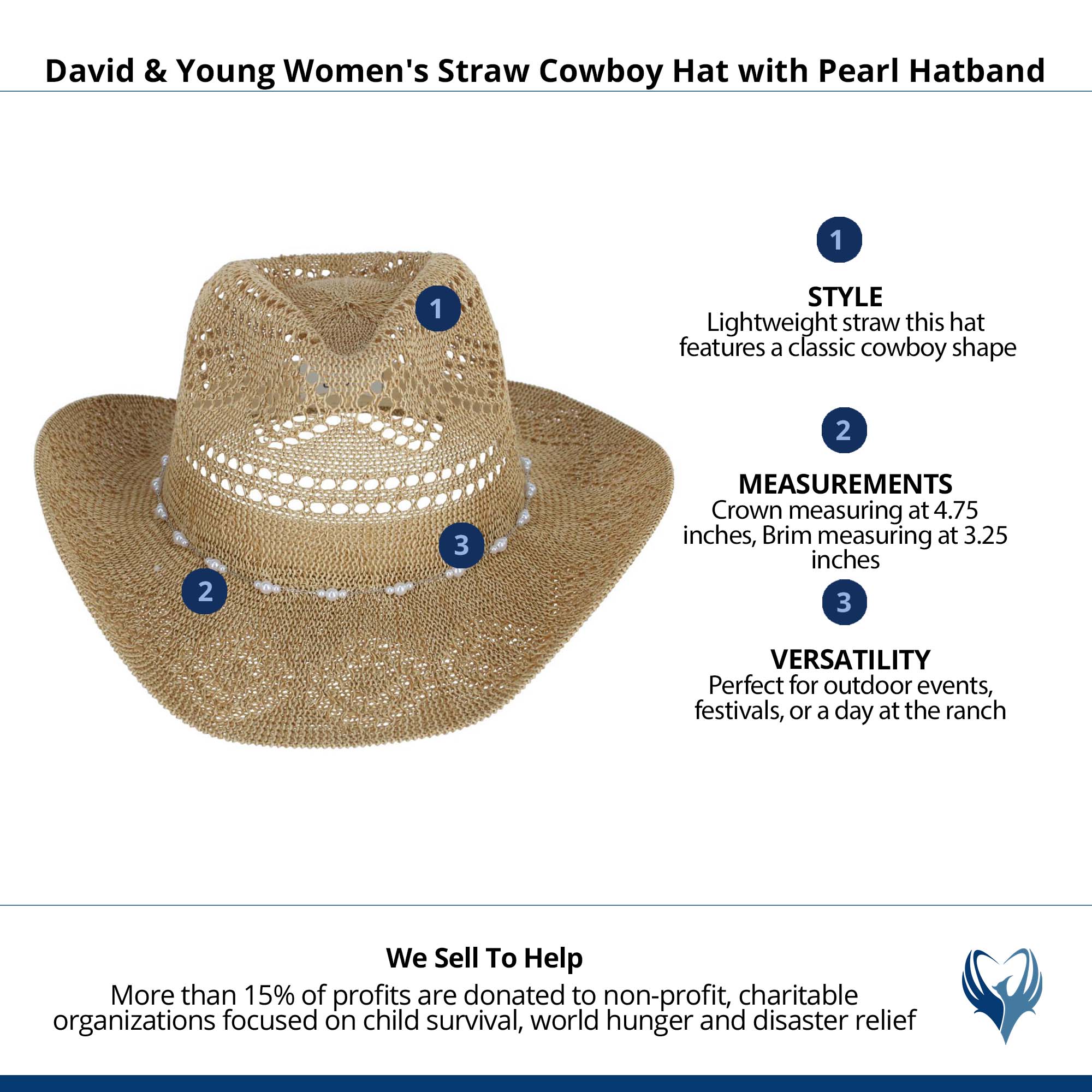 David & Young Women's Straw Cowboy Hat with Pearl Hatband - Straw