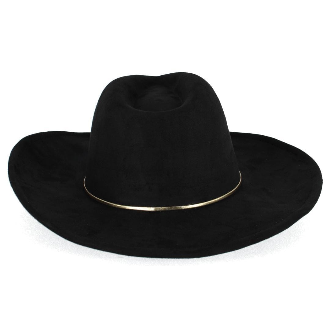 David & Young Women's Faux Suede Fedora Hat with Gold Hatband - Black