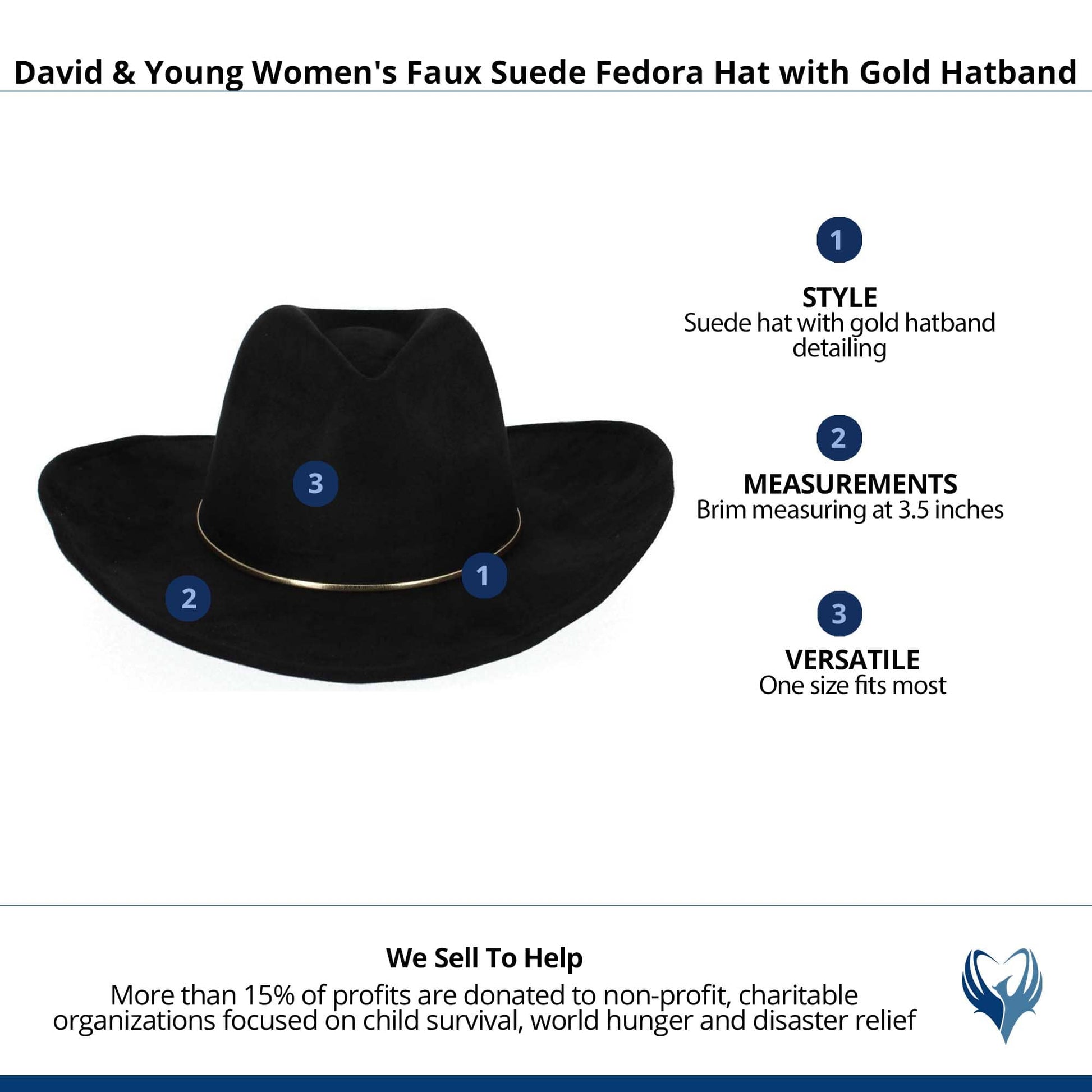 David & Young Women's Faux Suede Fedora Hat with Gold Hatband - Black