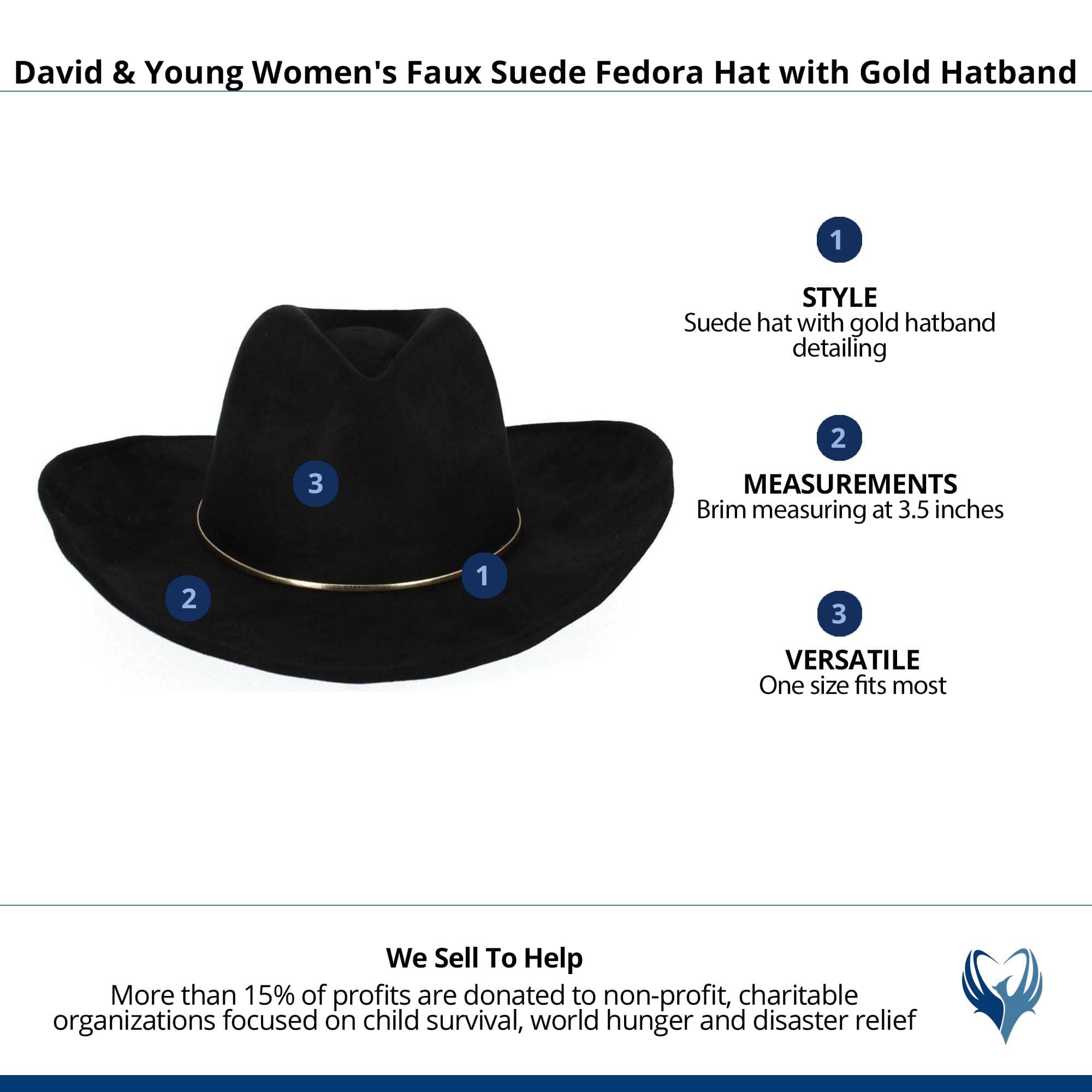 David & Young Women's Faux Suede Fedora Hat with Gold Hatband - Black