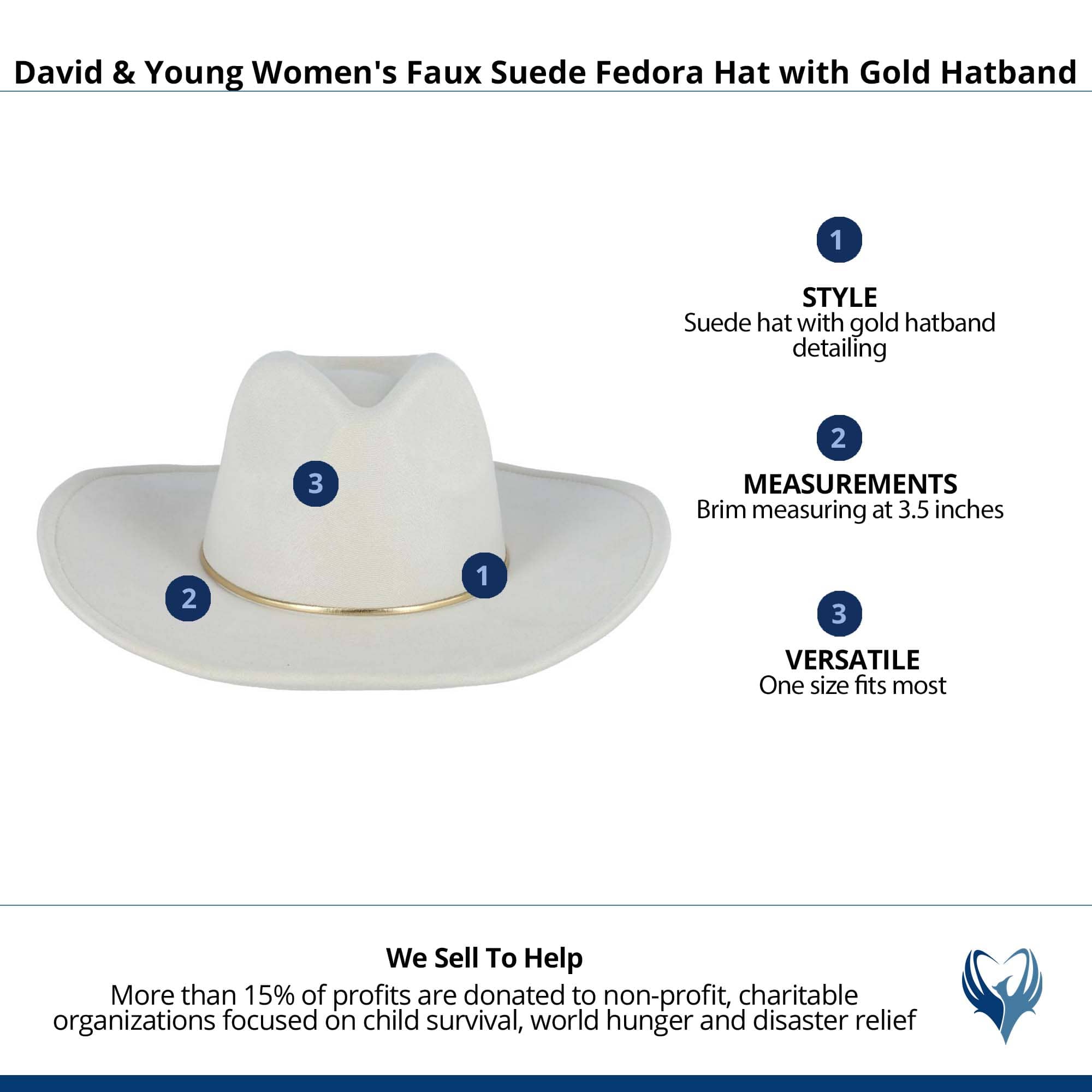David & Young Women's Faux Suede Fedora Hat with Gold Hatband - Off White