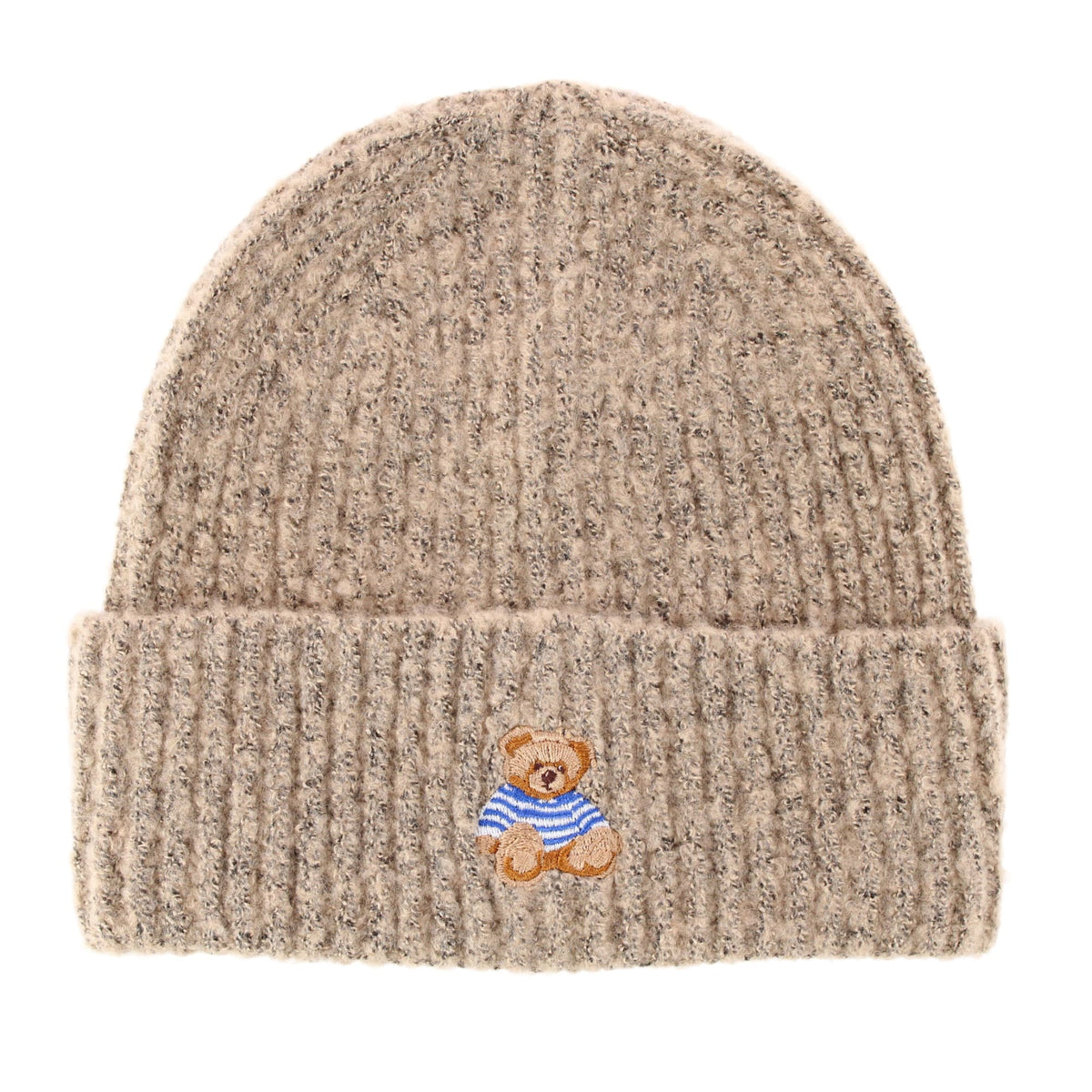 David & Young Women's Teddy Bear Embroidery Ribbed Knit Winter Beanie Hat - Beige
