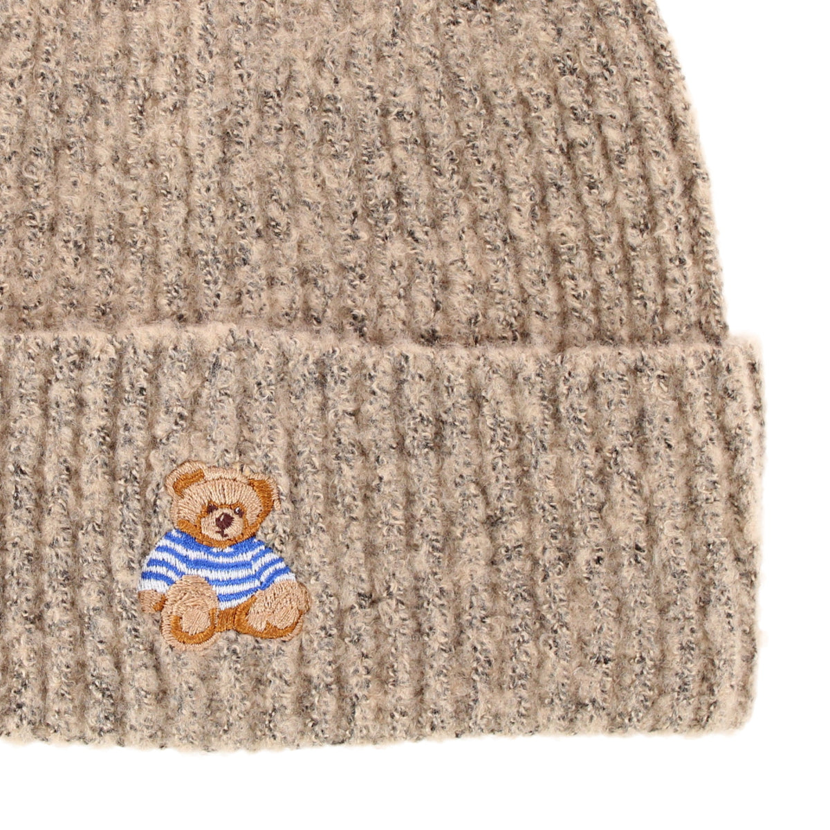 David & Young Women's Teddy Bear Embroidery Ribbed Knit Winter Beanie Hat - Beige