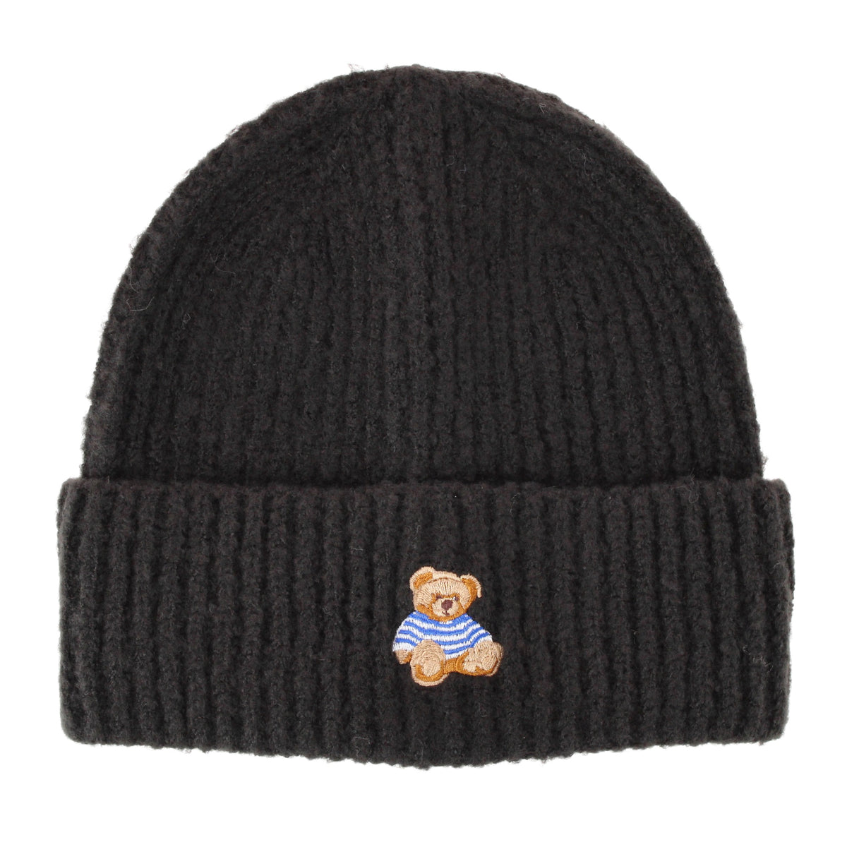David & Young Women's Teddy Bear Embroidery Ribbed Knit Winter Beanie Hat - Black