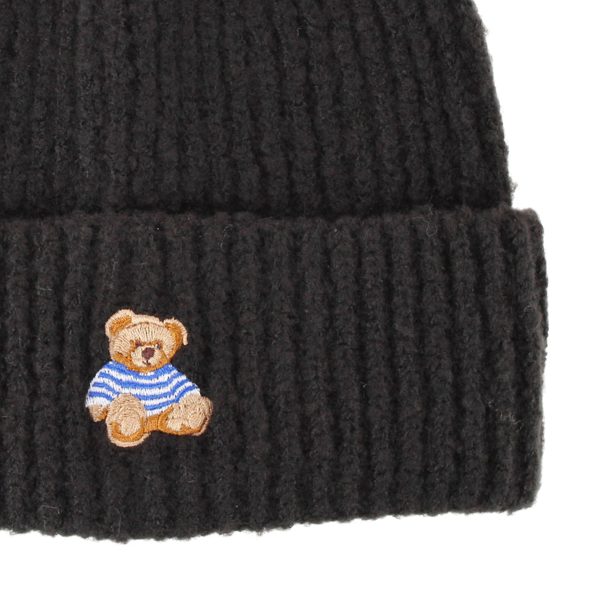 David & Young Women's Teddy Bear Embroidery Ribbed Knit Winter Beanie Hat - Black