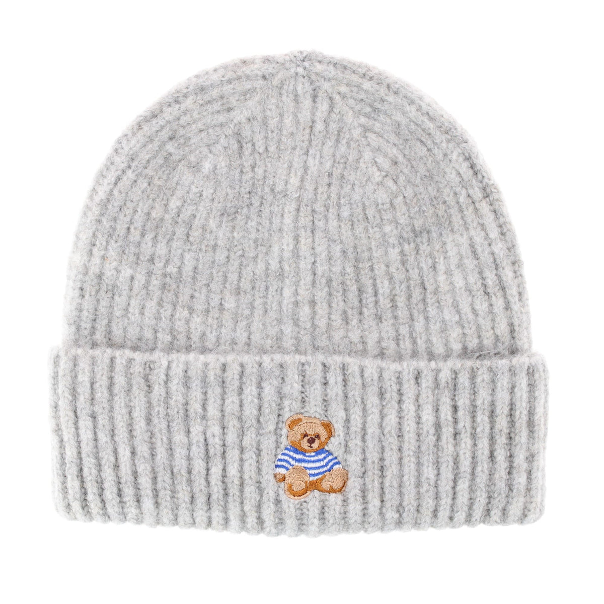 David & Young Women's Teddy Bear Embroidery Ribbed Knit Winter Beanie Hat - Light Gray