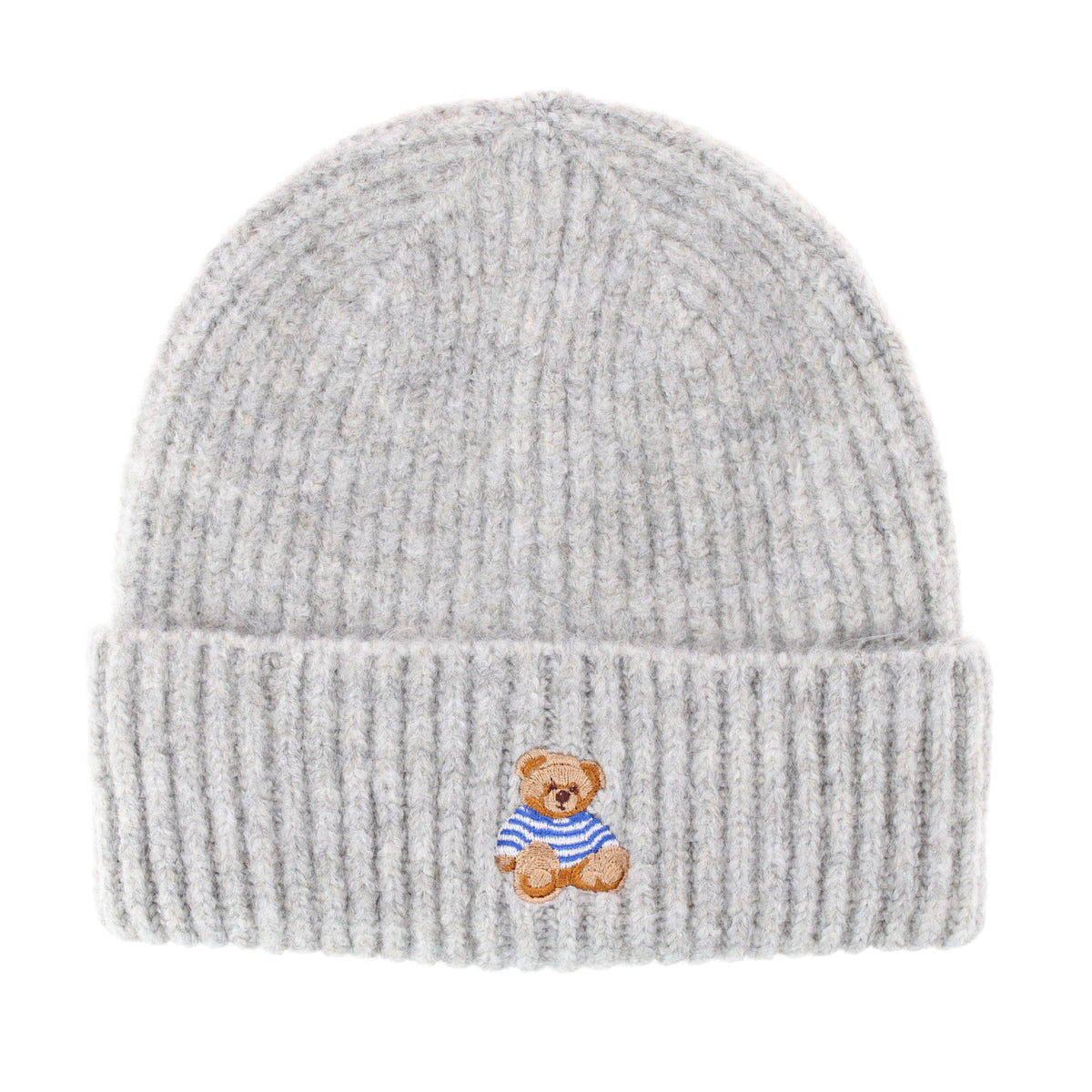 David & Young Women's Teddy Bear Embroidery Ribbed Knit Winter Beanie Hat - Light Gray