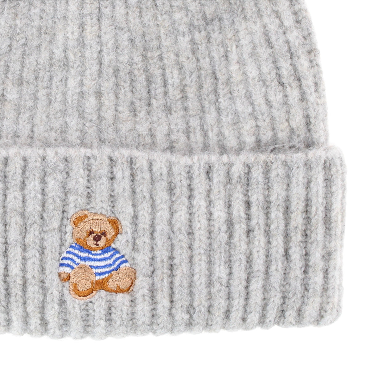 David & Young Women's Teddy Bear Embroidery Ribbed Knit Winter Beanie Hat - Light Gray