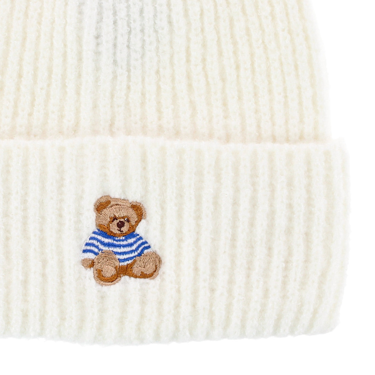 David & Young Women's Teddy Bear Embroidery Ribbed Knit Winter Beanie Hat - Off White