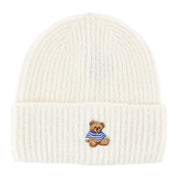 Women's Teddy Bear Embroidery Ribbed Knit Winter Beanie Hat