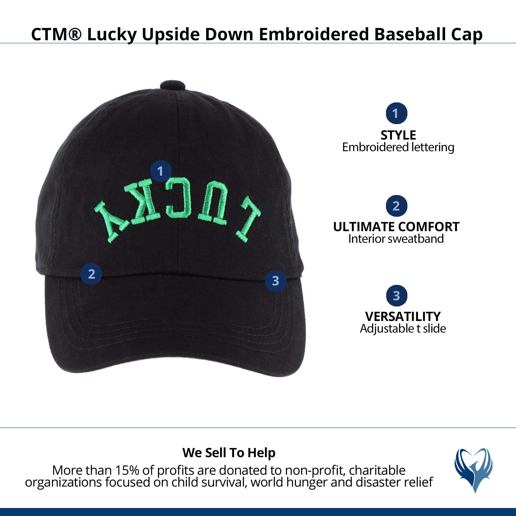 CTM® Unisex Lucky Upside Down Embroidered Baseball Cap - Black