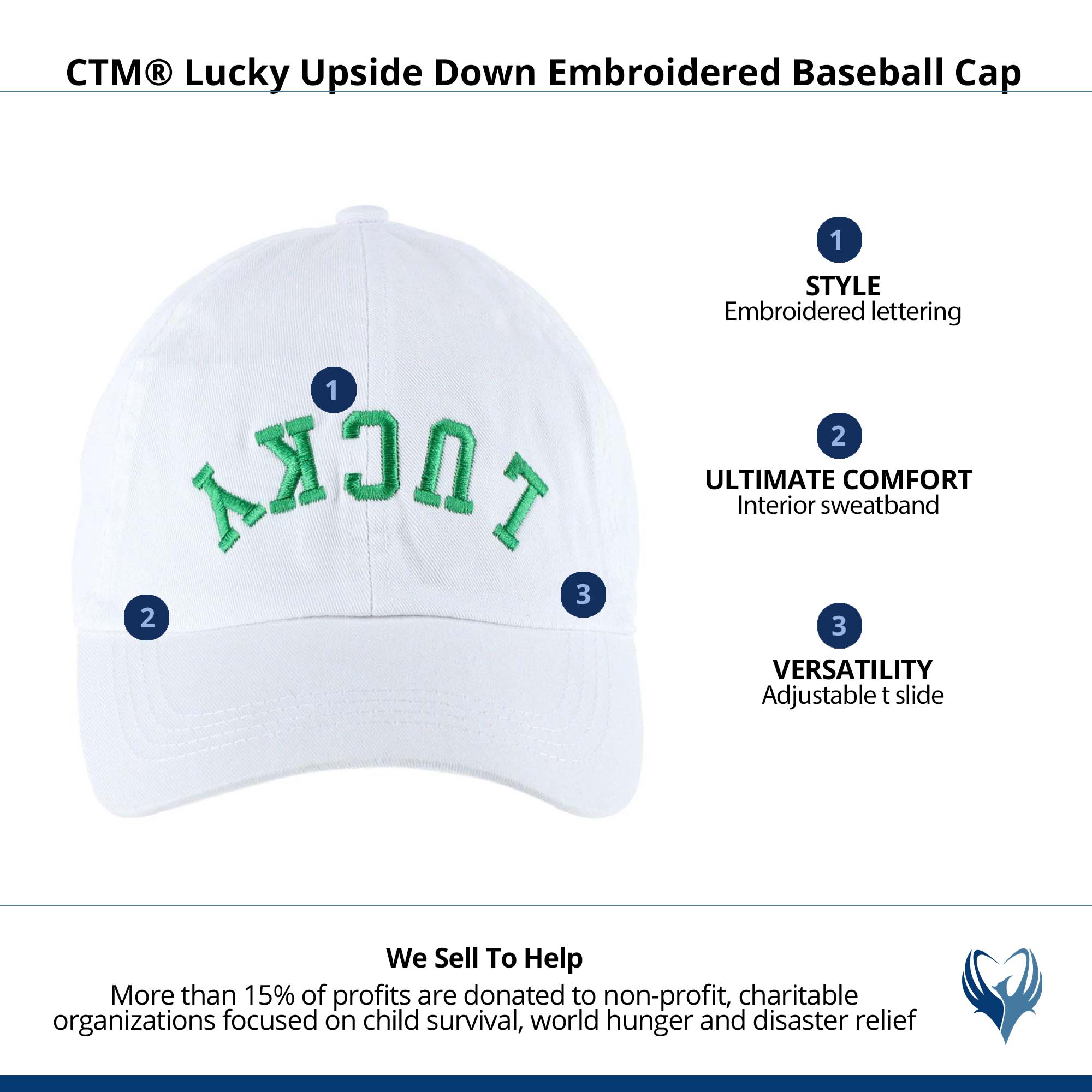 CTM® Unisex Lucky Upside Down Embroidered Baseball Cap - White