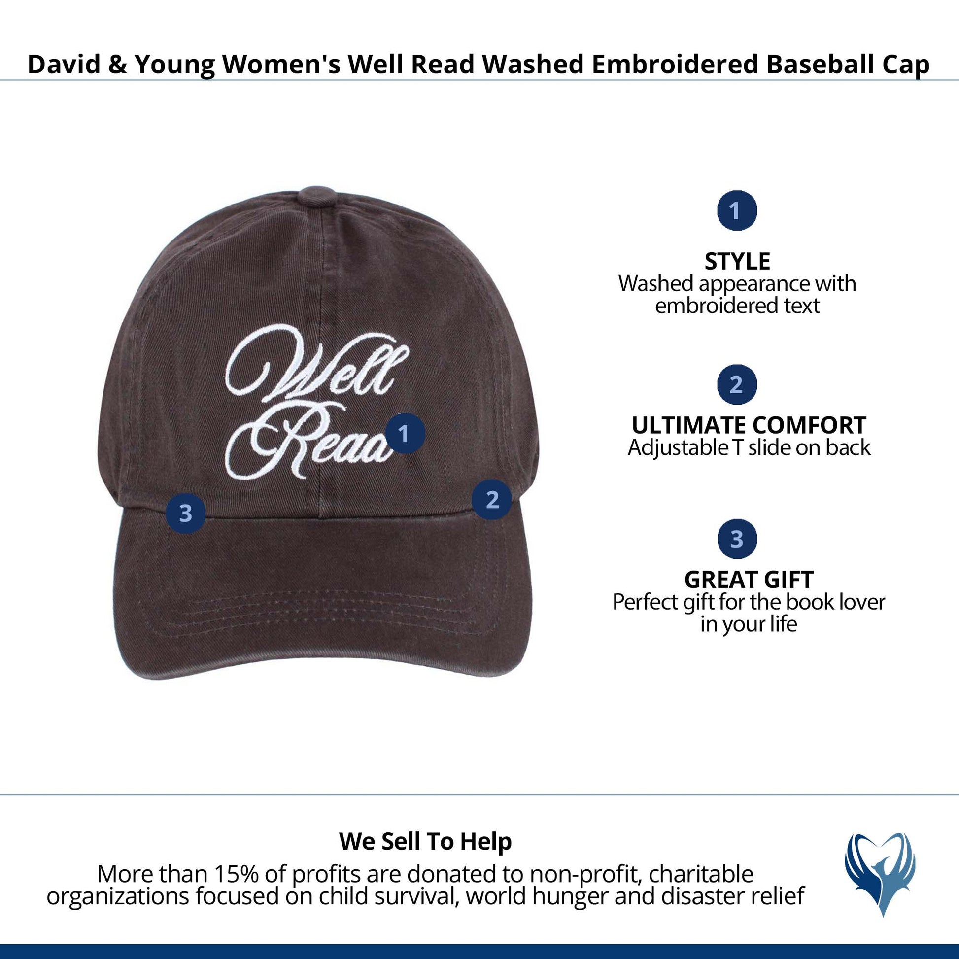 David & Young Women's Well Read Washed Embroidered Baseball Cap - Charcoal