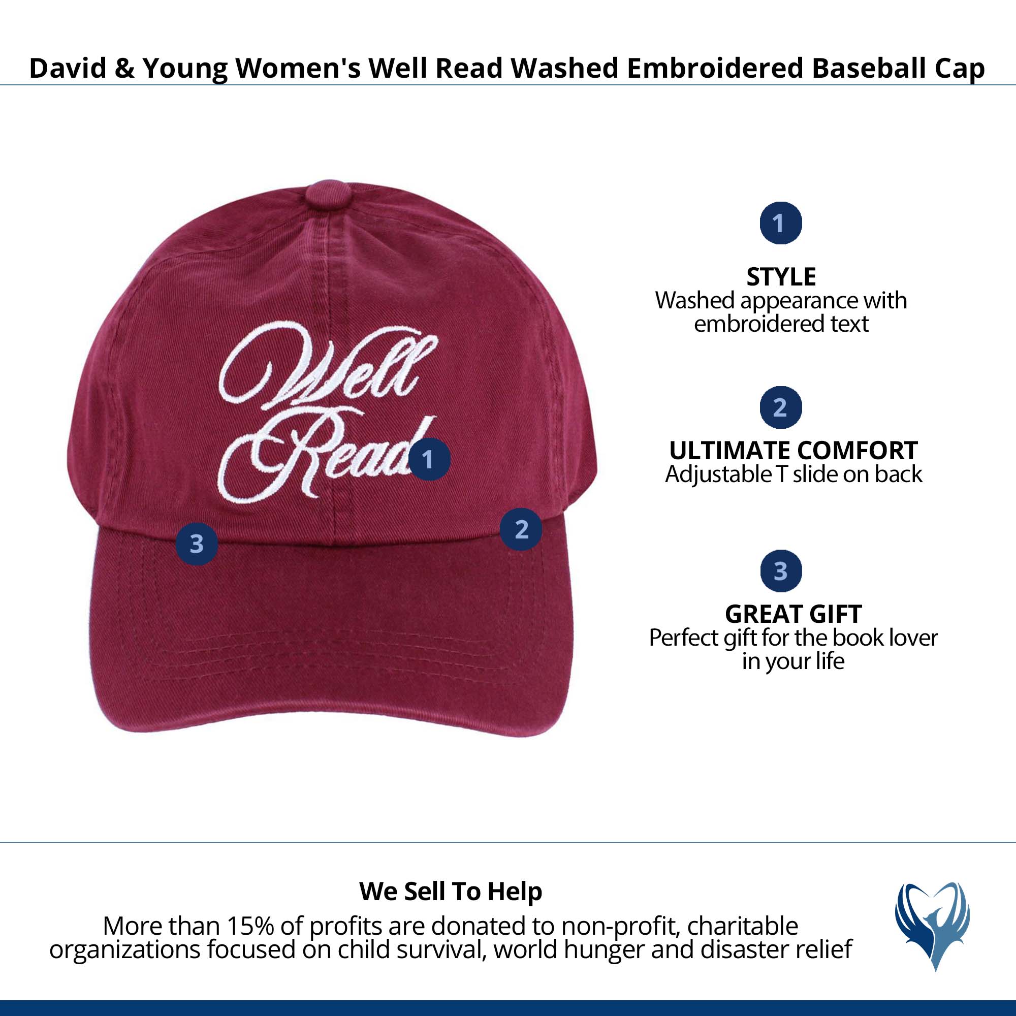 David & Young Women's Well Read Washed Embroidered Baseball Cap - Maroon