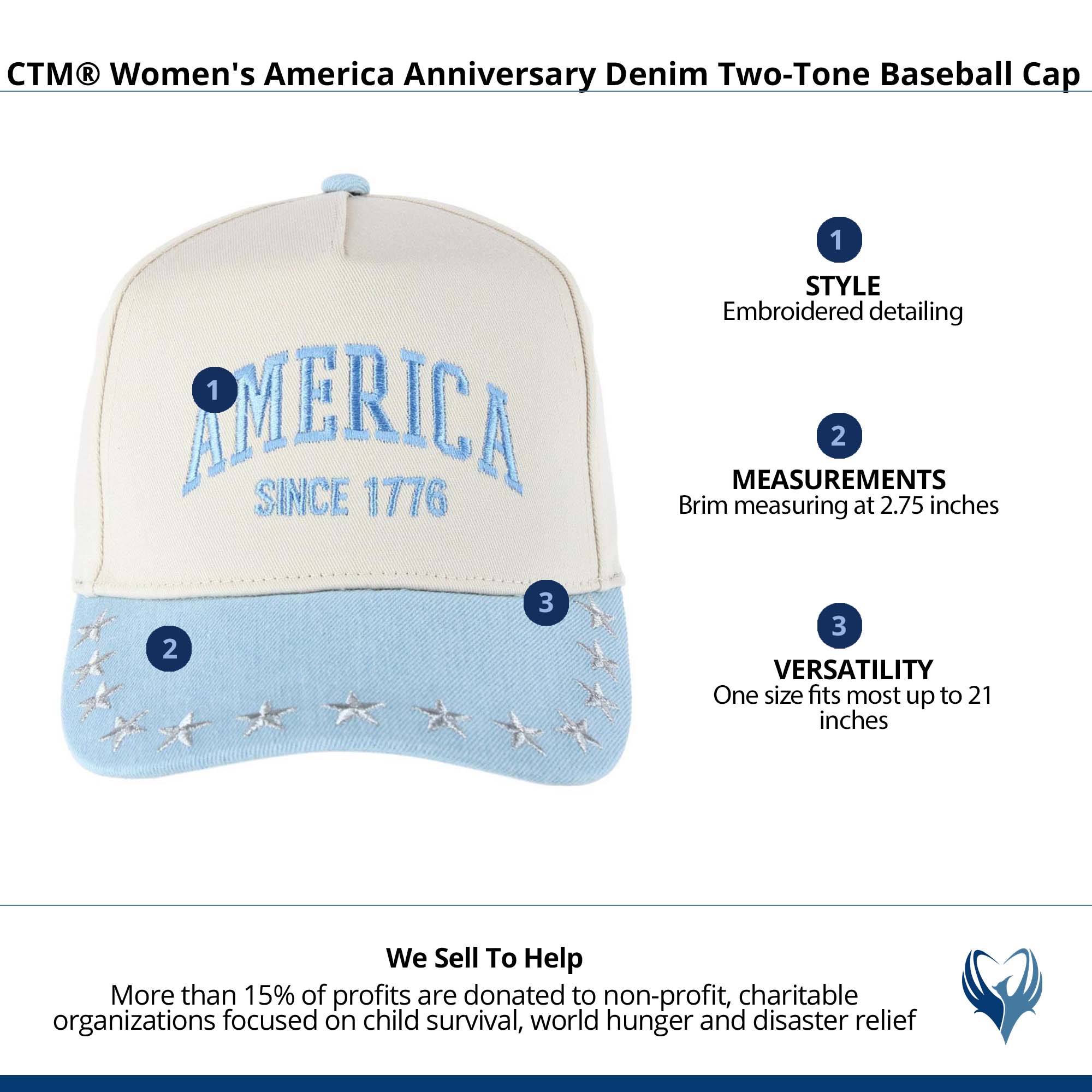 CTM® Women's America Anniversary Denim Two-Tone Baseball Cap - Light Blue