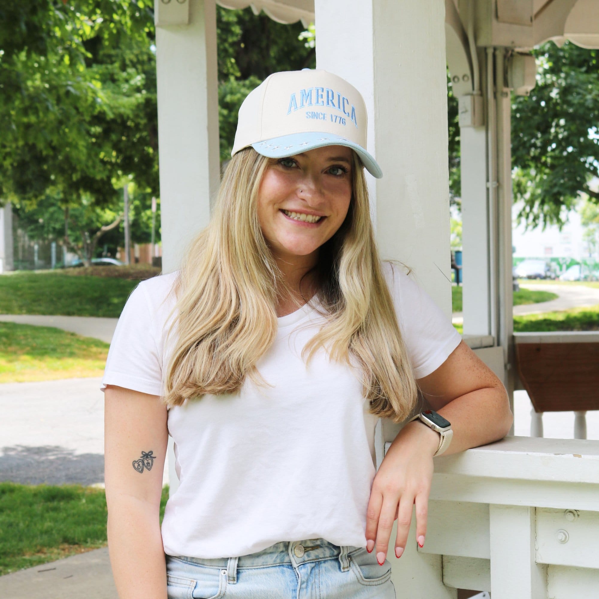 CTM® Women's America Anniversary Denim Two-Tone Baseball Cap - Light Blue