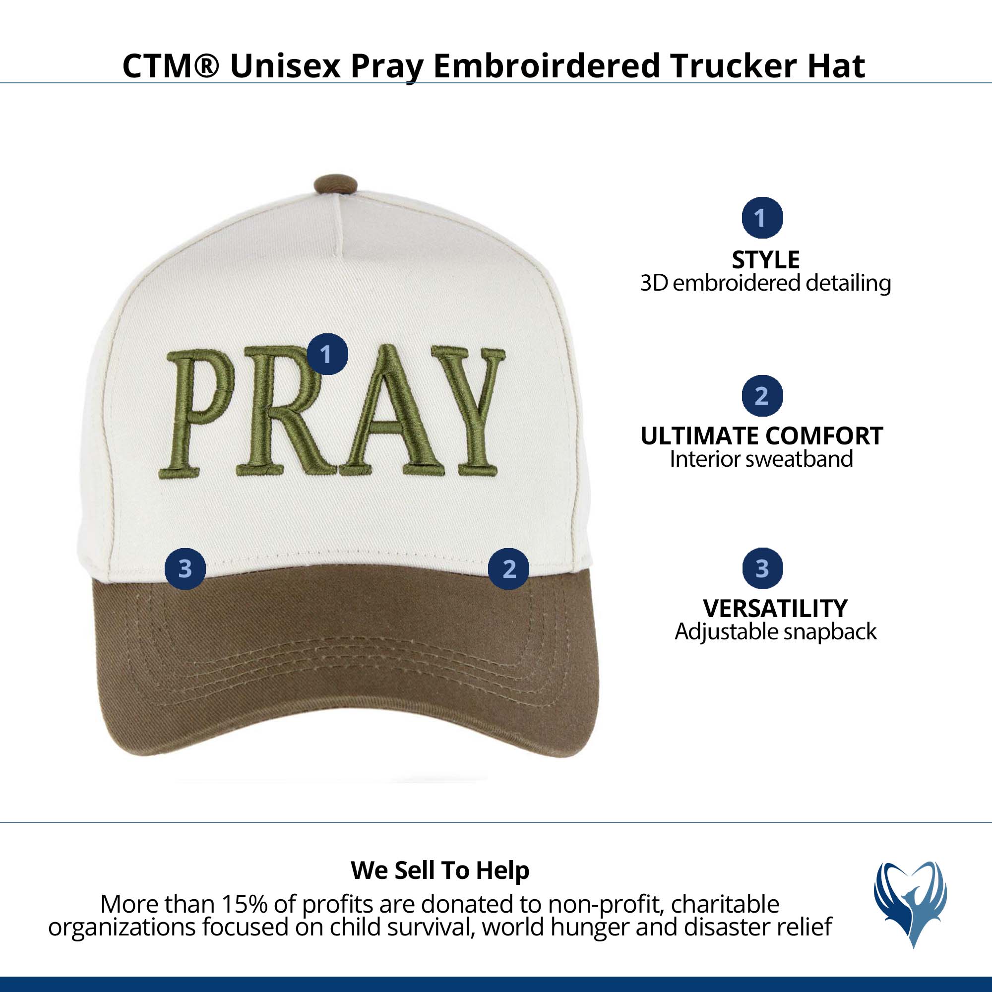CTM® Unisex Pray Embroirdered Trucker Hat - Olive