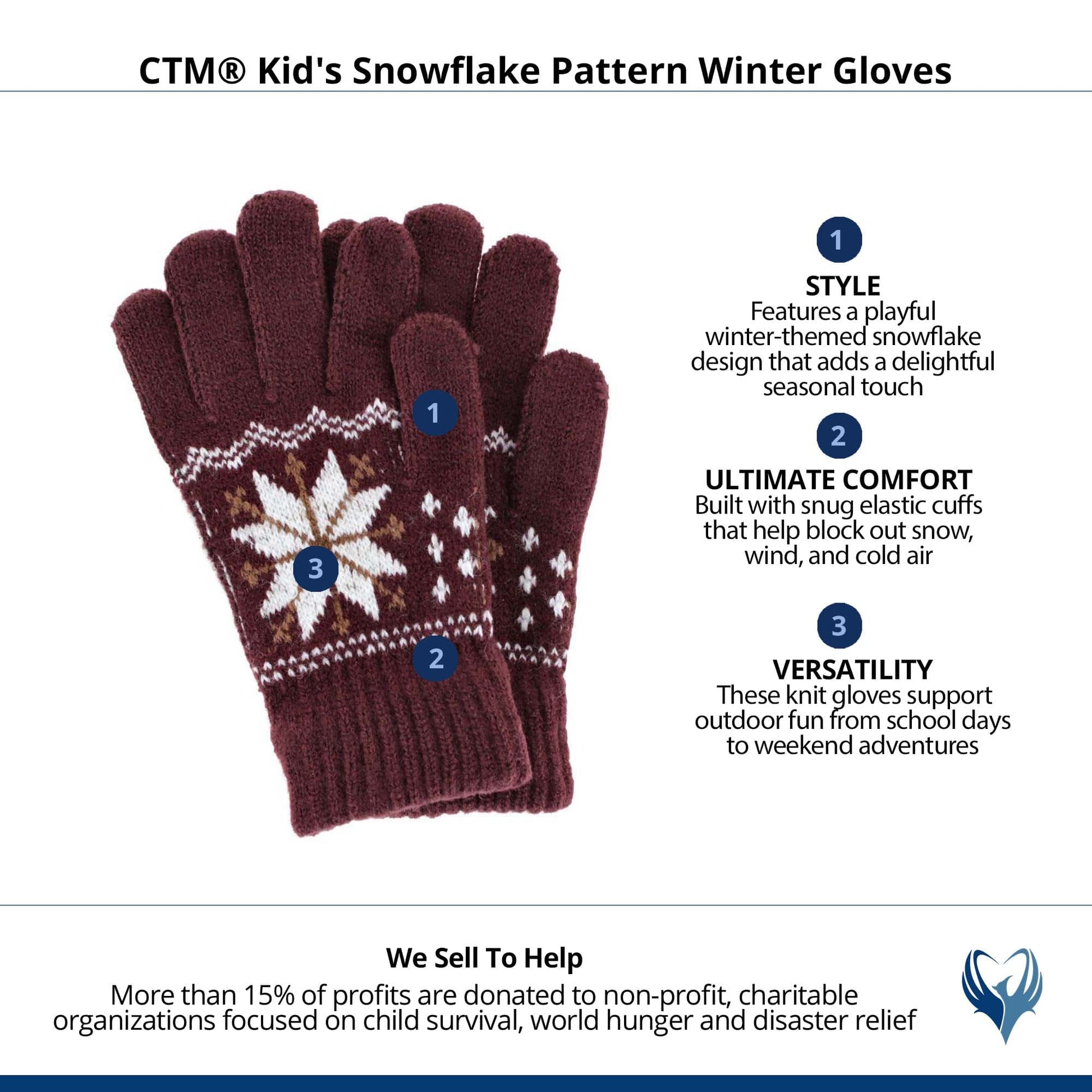 CTM® Kid's Snowflake Pattern Winter Gloves - Burgundy