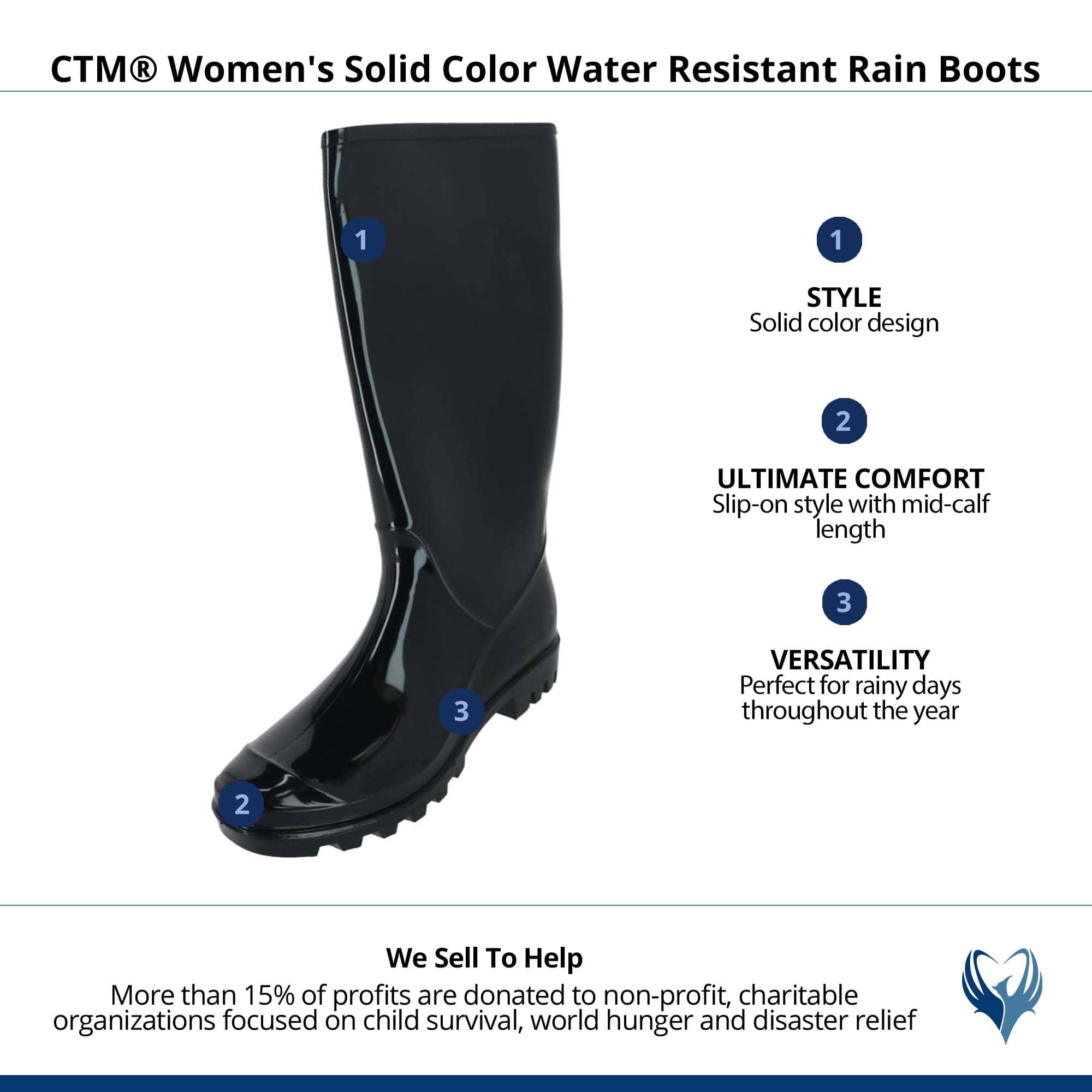 CTM® Women's Solid Color Water Resistant Rain Boots - Black