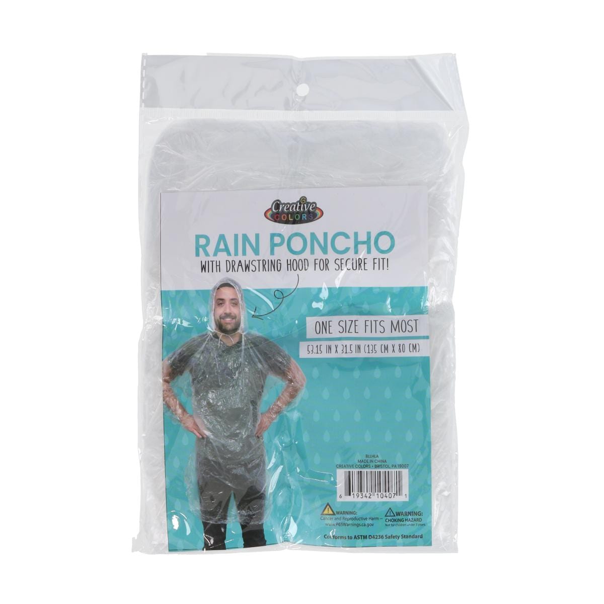 CTM® Adult Clear Rain Poncho with Drawstring Hood - Clear