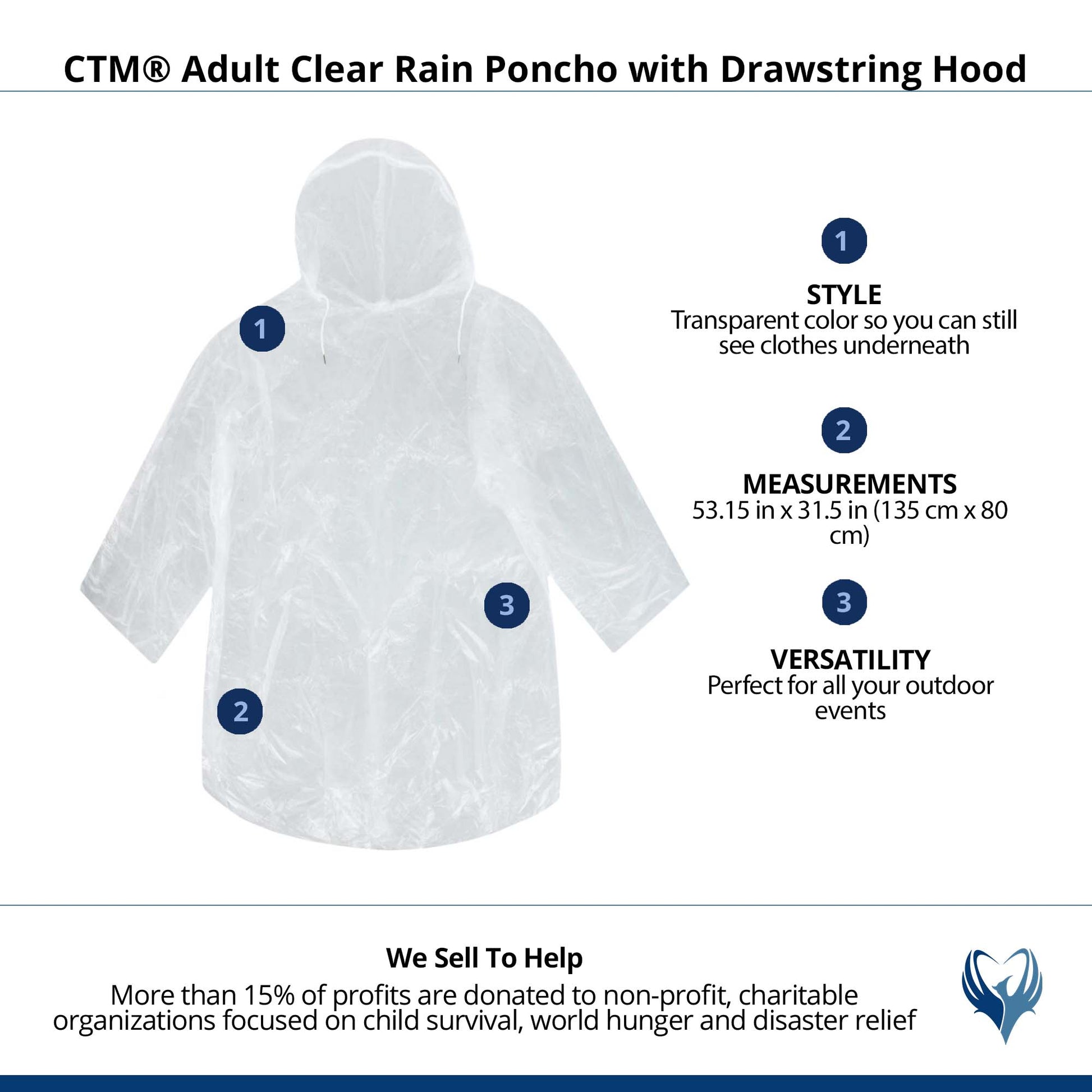 CTM® Adult Clear Rain Poncho with Drawstring Hood - Clear